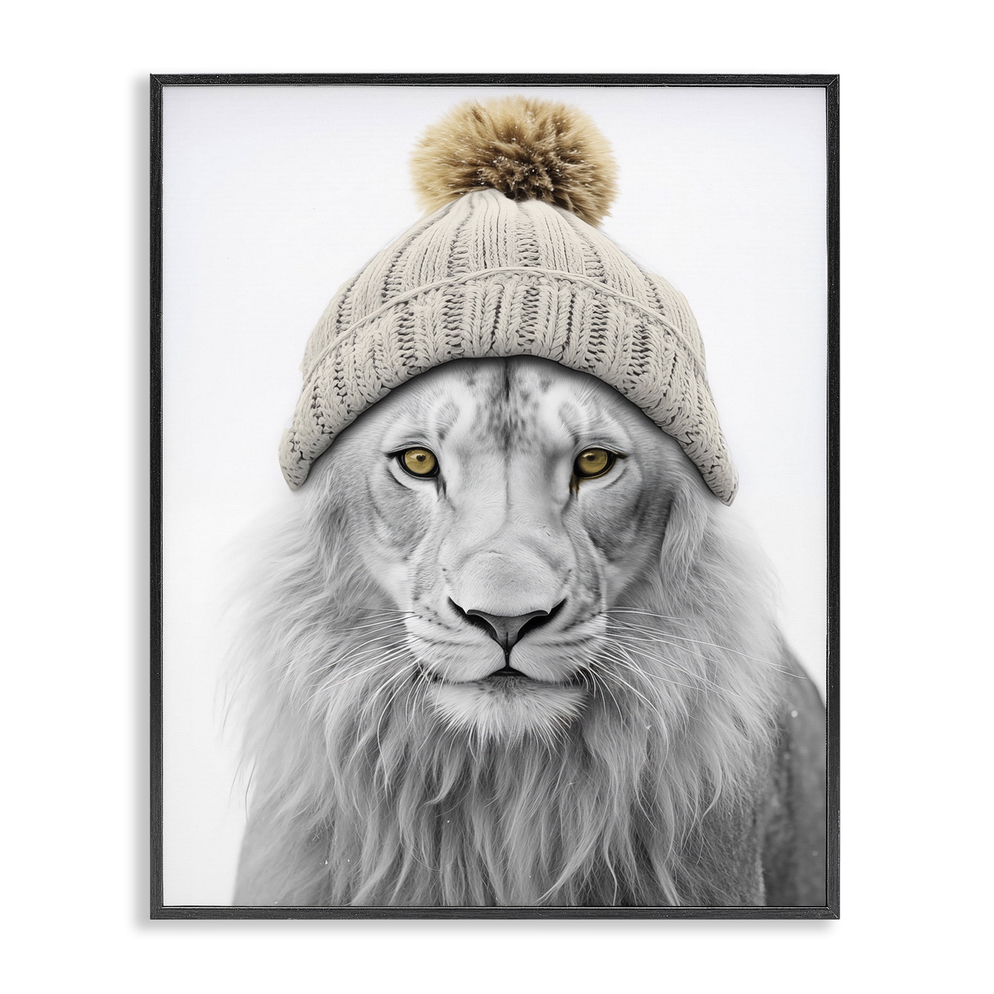 Stupell Industries Lion in Winter Hat Animals & Insects Painting Black Framed Art Print Wall Art, 16 x 20