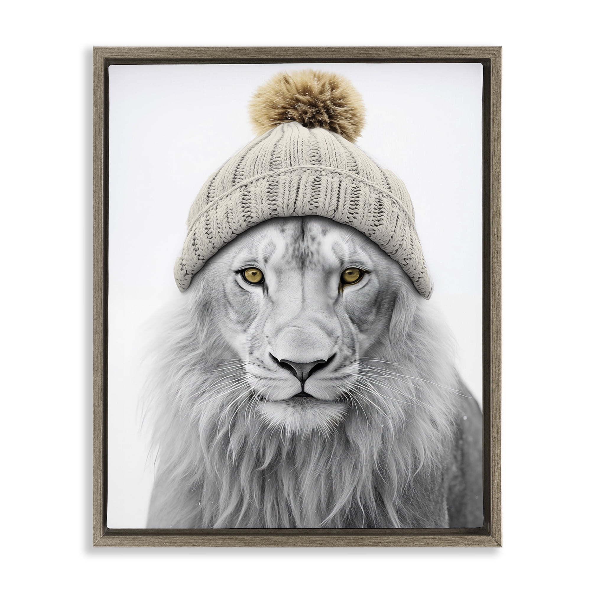 Stupell Industries Lion in Winter Hat Animals & Insects Painting Brown Floater Framed Canvas Art Print Wall Art, 17 x 21