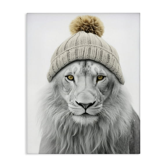Stupell Industries Lion in Winter Hat Animals & Insects Painting Gallery Wrapped Canvas Art Print Wall Art, 16 x 20