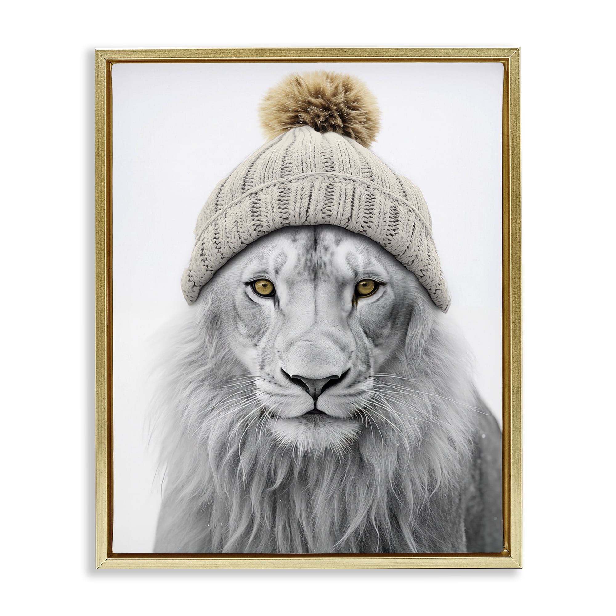 Stupell Industries Lion in Winter Hat Animals & Insects Painting Gold Floater Framed Canvas Art Print Wall Art, 25 x 31