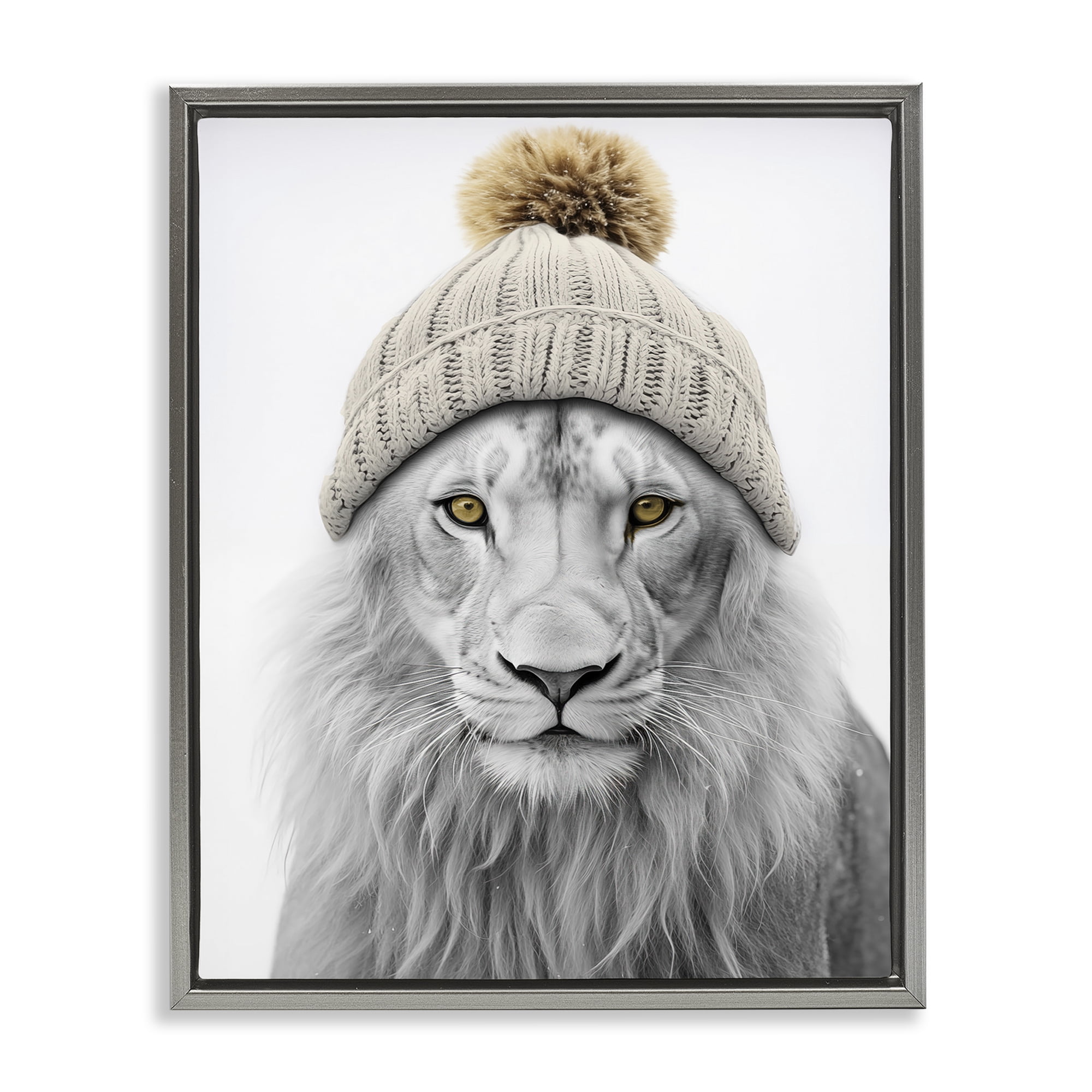 Stupell Industries Lion in Winter Hat Animals & Insects Painting Gray Floater Framed Canvas Art Print Wall Art, 25 x 31