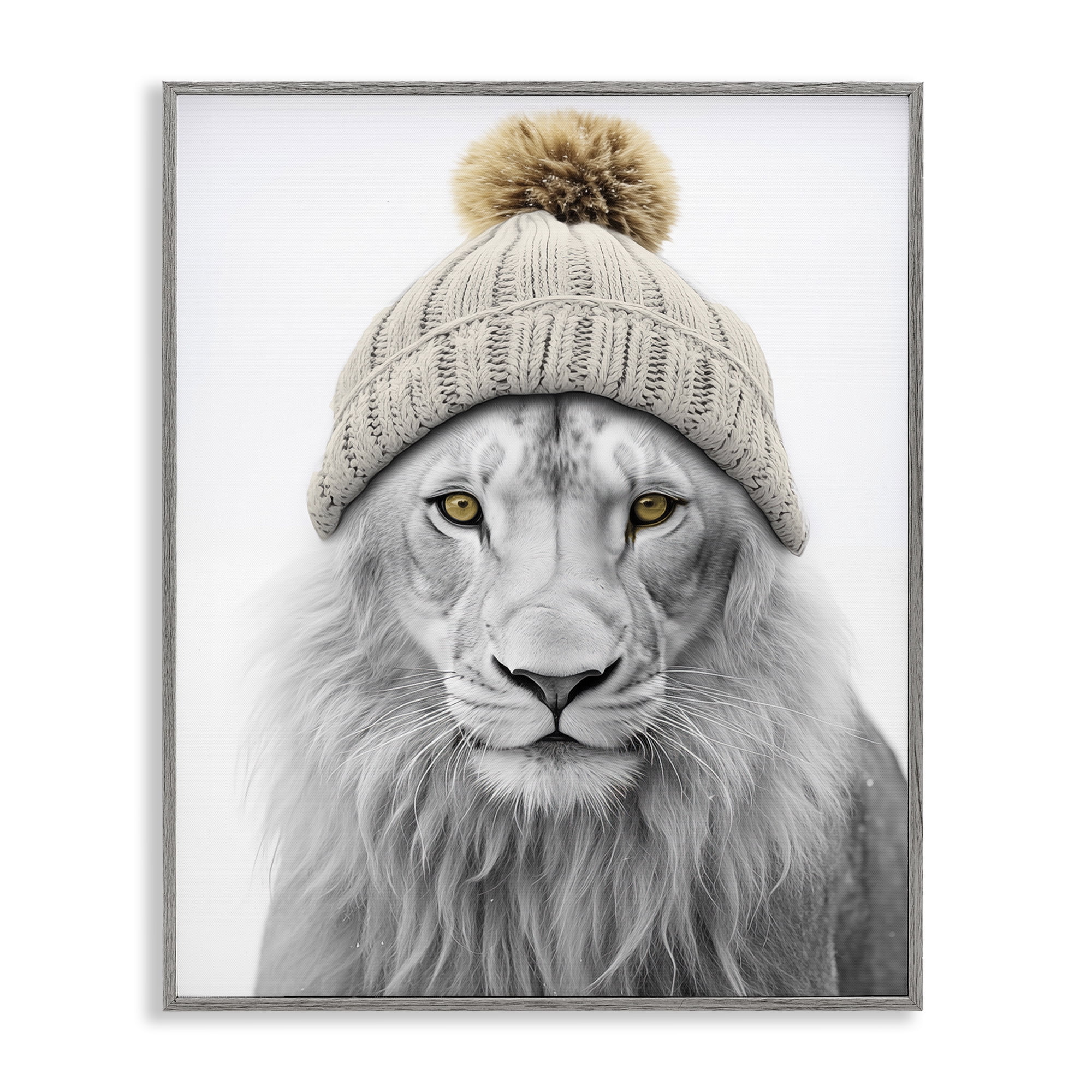 Stupell Industries Lion in Winter Hat Animals & Insects Painting Gray Framed Art Print Wall Art, 24 x 30