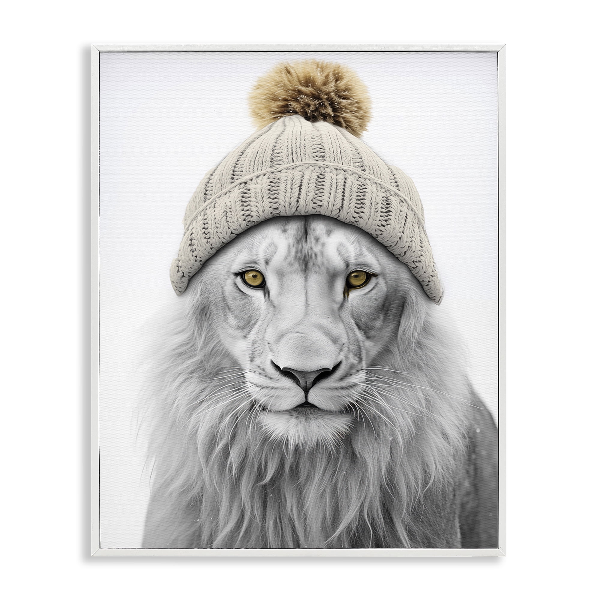 Stupell Industries Lion in Winter Hat Animals & Insects Painting White Framed Art Print Wall Art, 11 x 14