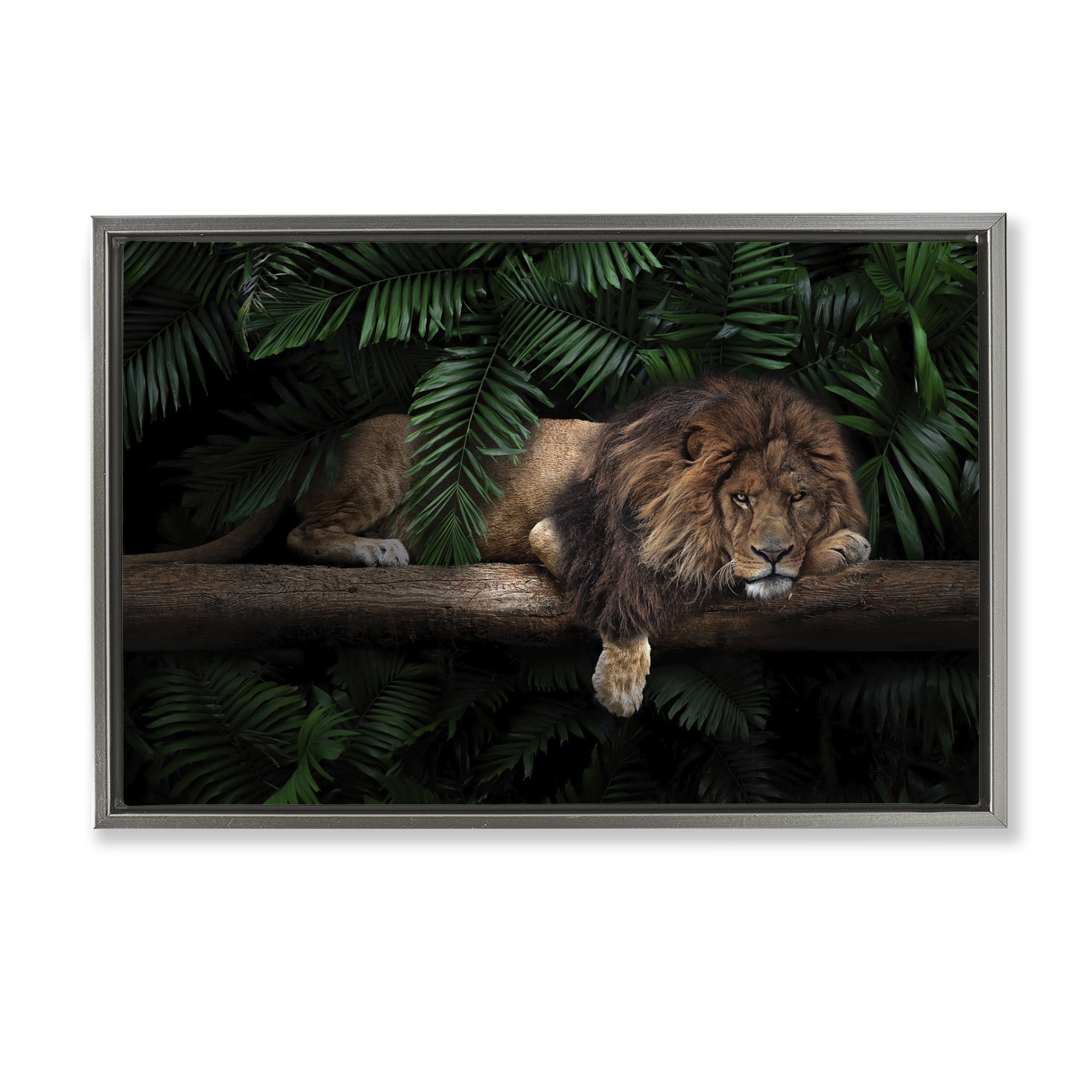 Stupell Industries Lion on Tropical Branch Animals Painting Gray Floater Framed Canvas Art Print Wall Art, 31 x 21