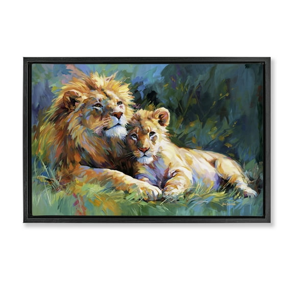 Stupell Industries Lion's Embrace Portrait Animals & Insects Painting Black Floater Framed Canvas Art Print Wall Art, 25 x 17