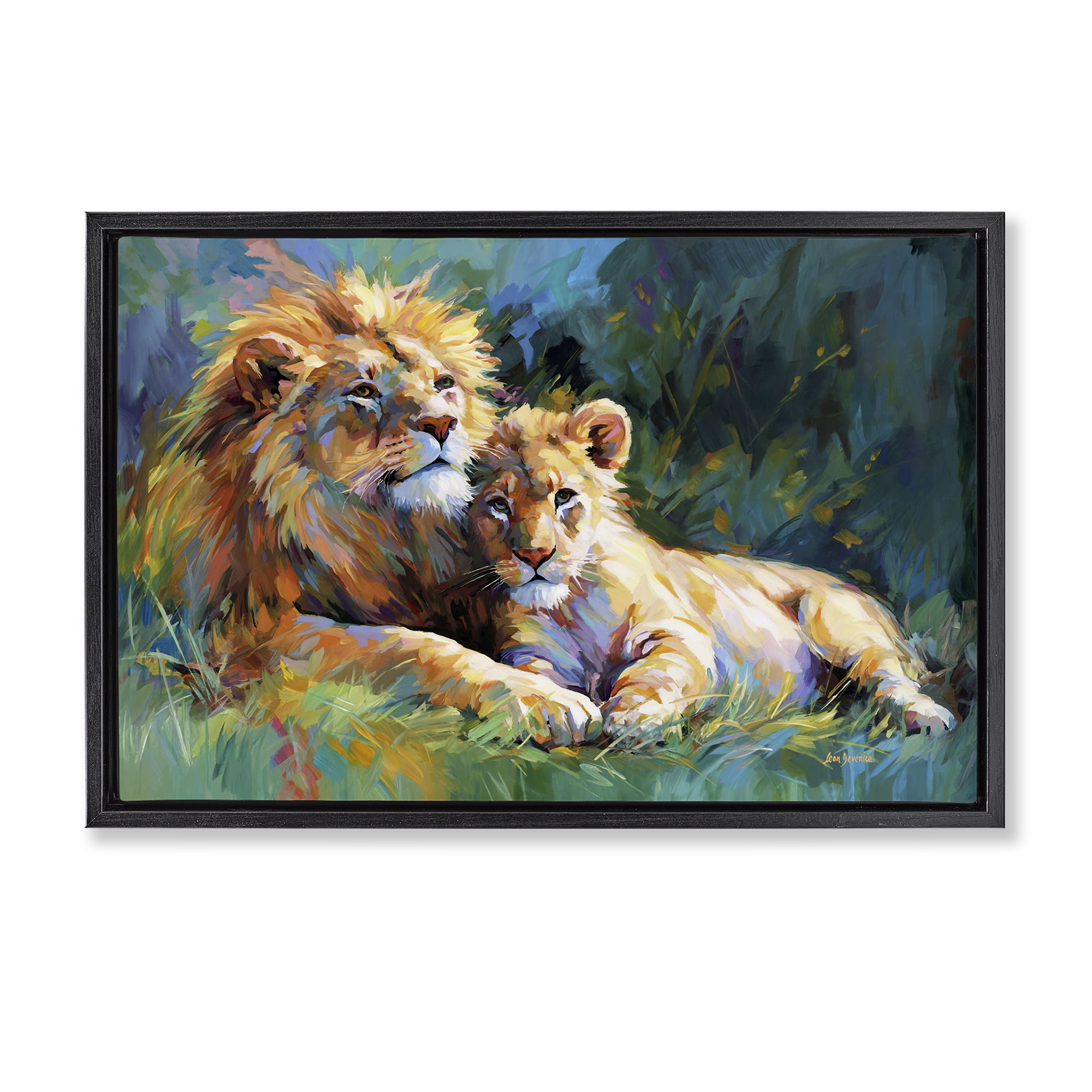 Stupell Industries Lion's Embrace Portrait Animals & Insects Painting Black Floater Framed Canvas Art Print Wall Art, 31 x 21