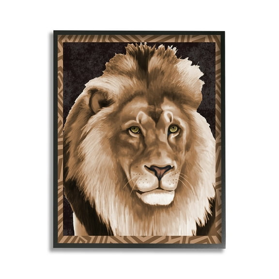 Stupell Industries Lion with Geometric Border Animals & Insects Painting Black Framed Art Print Wall Art, 11 x 14