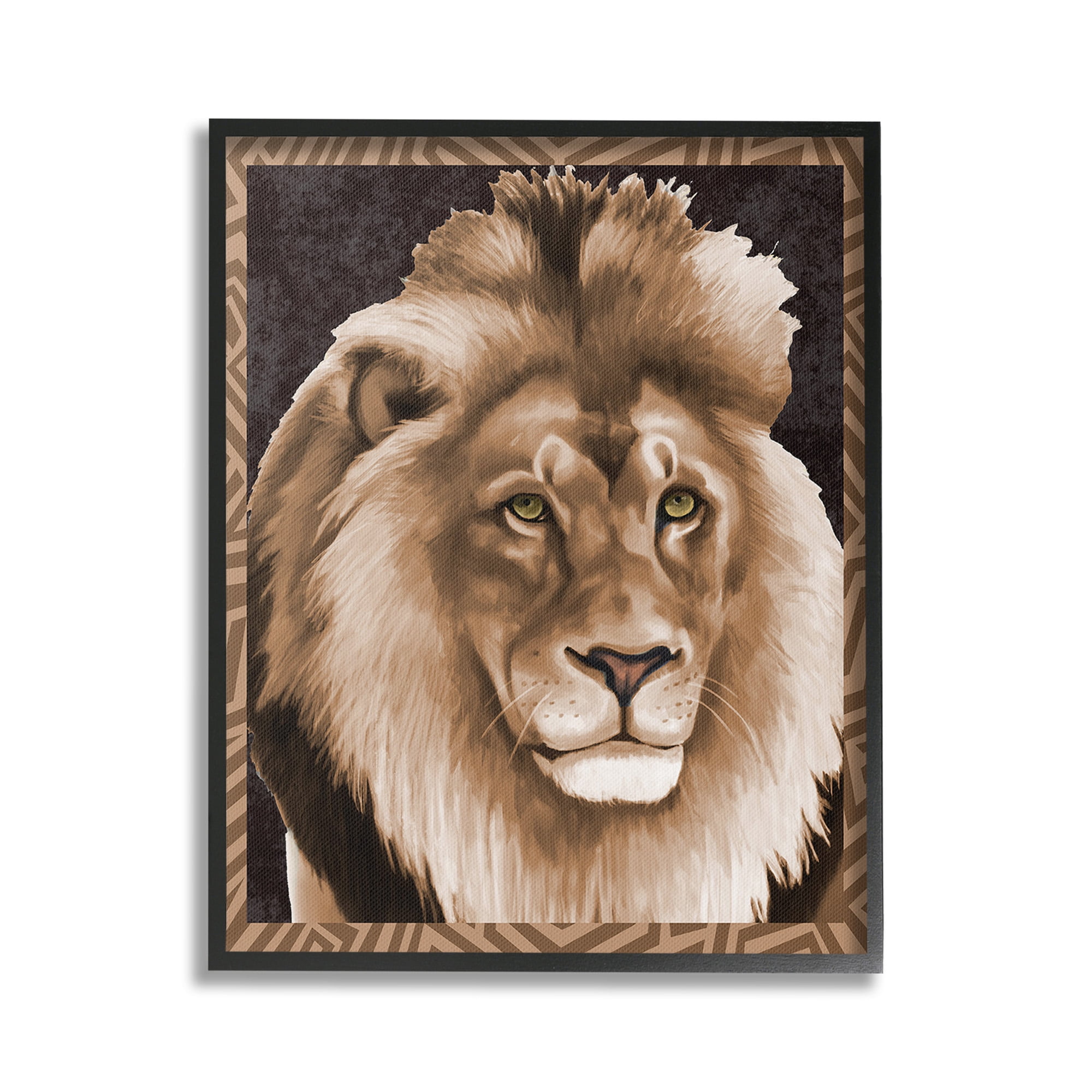 Stupell Industries Lion with Geometric Border Animals & Insects Painting Black Framed Art Print Wall Art, 24 x 30