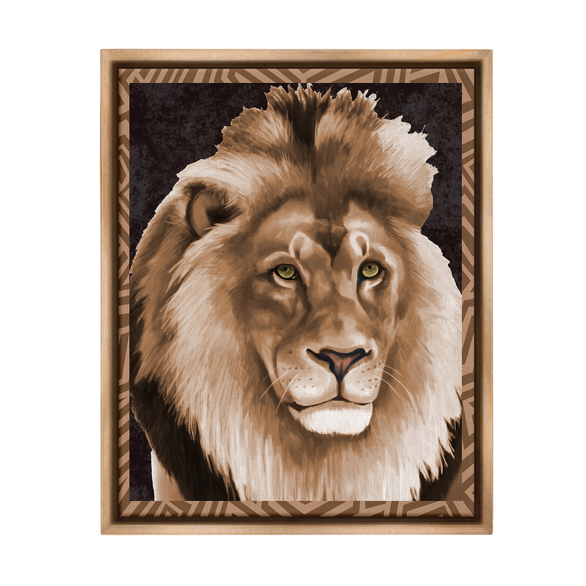 Stupell Industries Lion with Geometric Border Animals & Insects Painting Brown Floater Framed Canvas Art Print Wall Art, 17 x 21