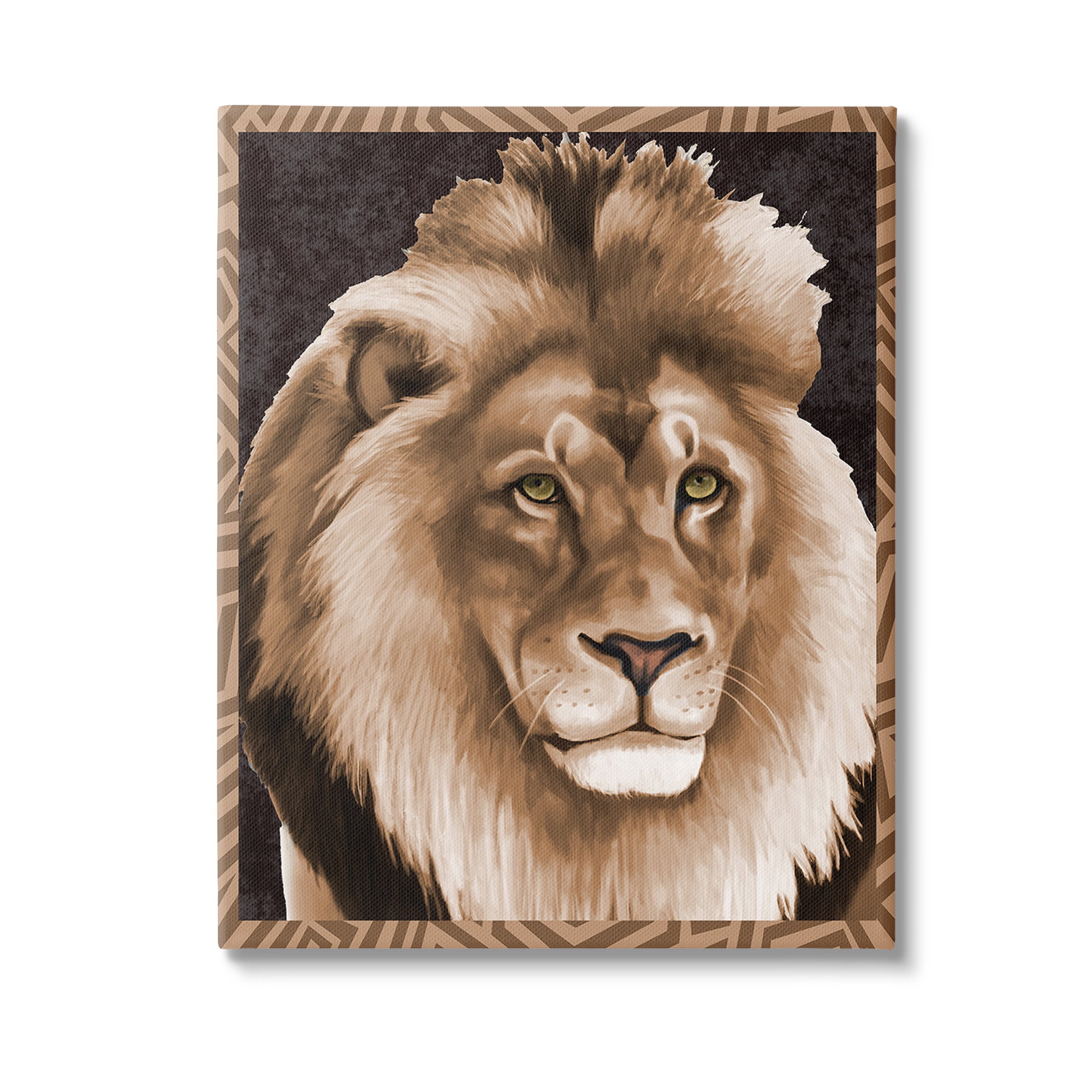 Stupell Industries Lion with Geometric Border Animals & Insects Painting Gallery Wrapped Canvas Art Print Wall Art, 24 x 30