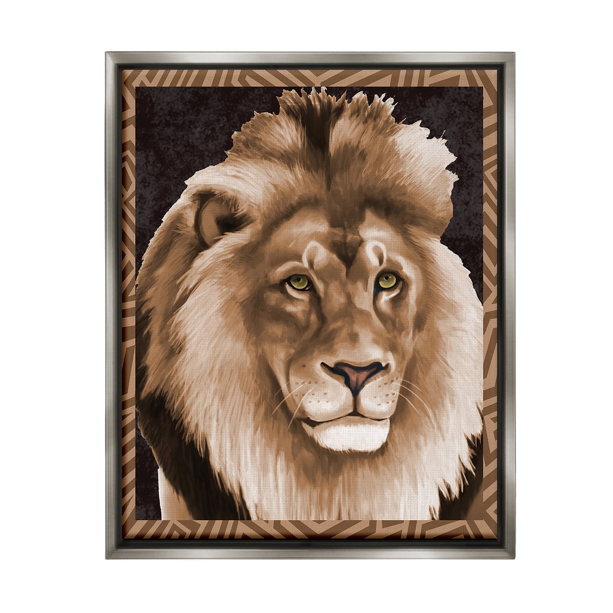 Stupell Industries Lion with Geometric Border Animals & Insects Painting Gray Floater Framed Canvas Art Print Wall Art, 25 x 31