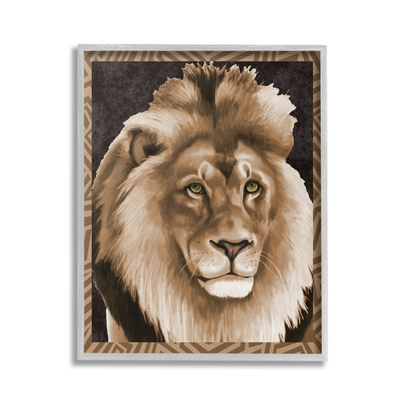 Stupell Industries Lion with Geometric Border Animals & Insects Painting Gray Framed Art Print Wall Art, 16 x 20