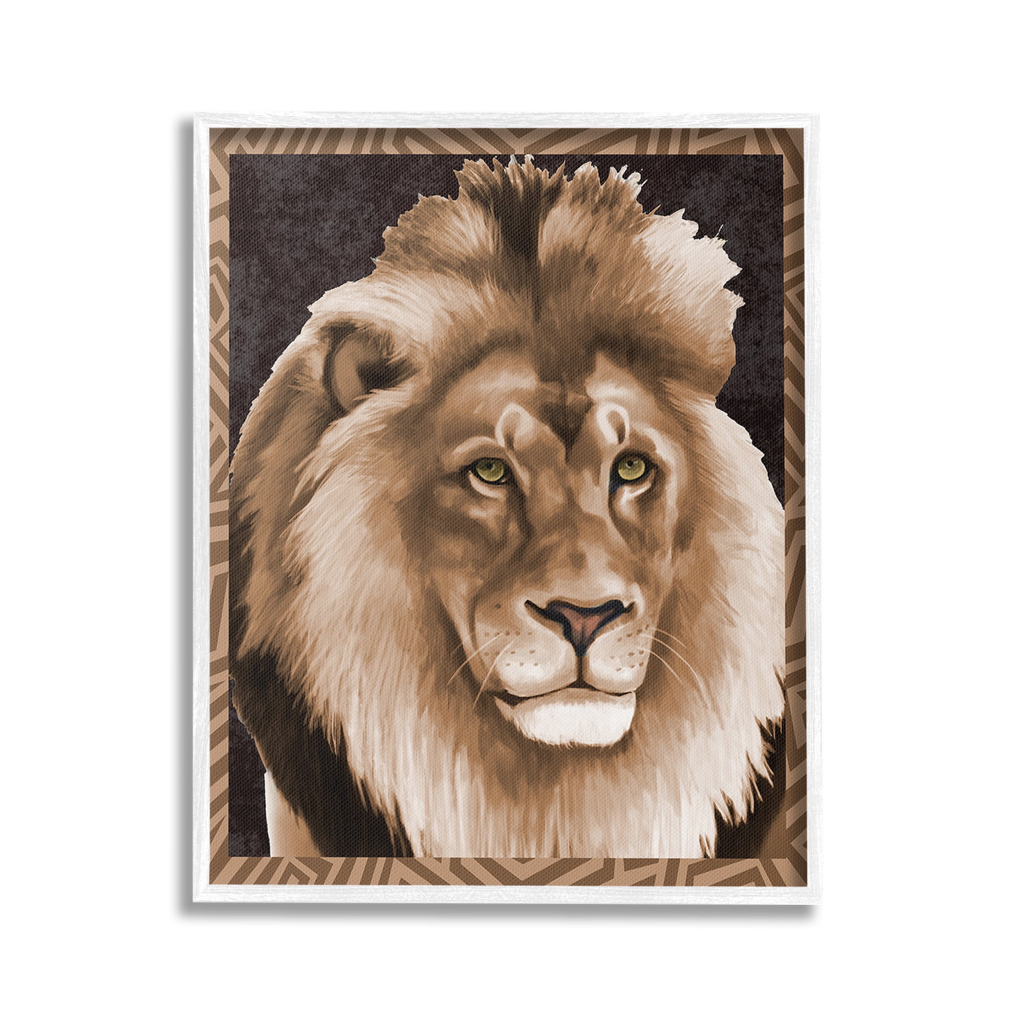 Stupell Industries Lion with Geometric Border Animals & Insects Painting White Framed Art Print Wall Art, 16 x 20