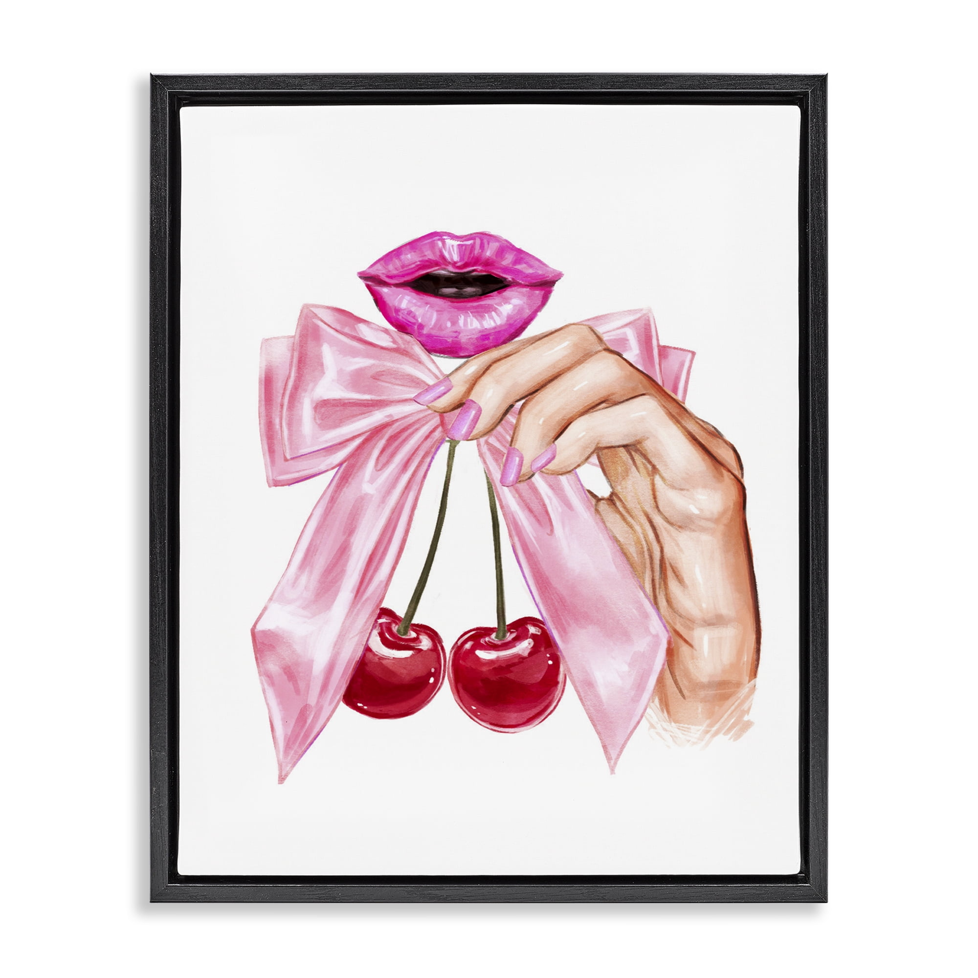 Stupell Industries Lips & Feminine Cherries Black Framed Floater Canvas Wall Art, design by Ziwei Li
