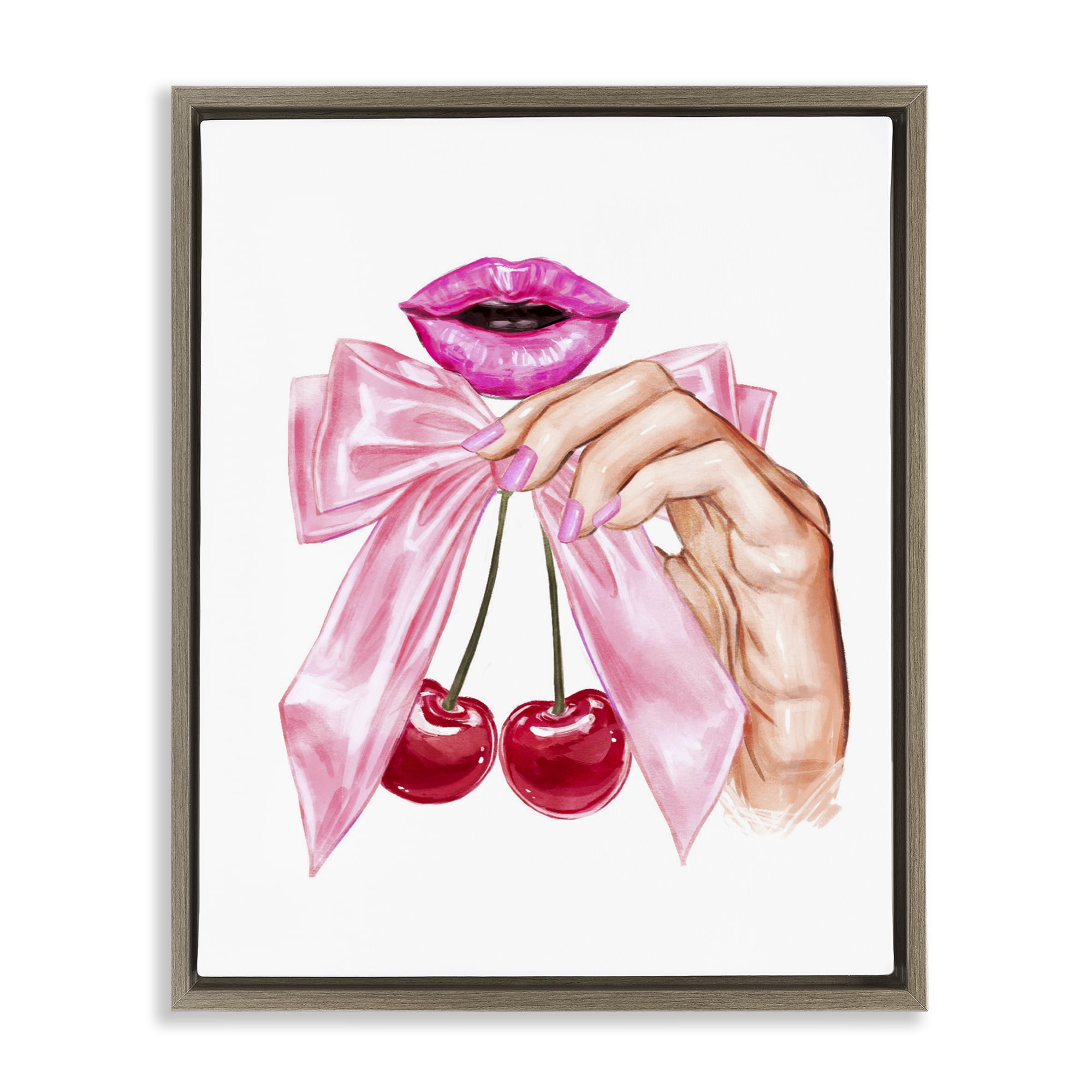 Stupell Industries Lips & Feminine Cherries Brown Framed Floater Canvas Wall Art, design by Ziwei Li