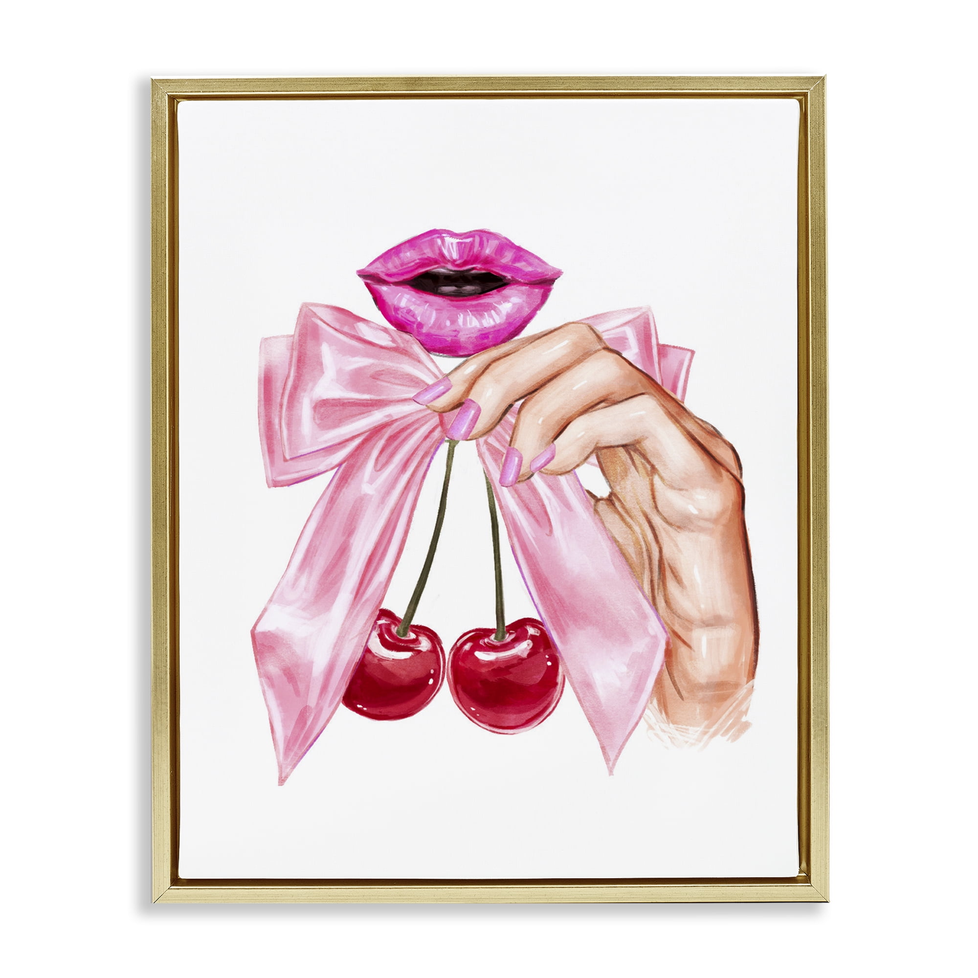 Stupell Industries Lips & Feminine Cherries Gold Framed Floater Canvas Wall Art, design by Ziwei Li