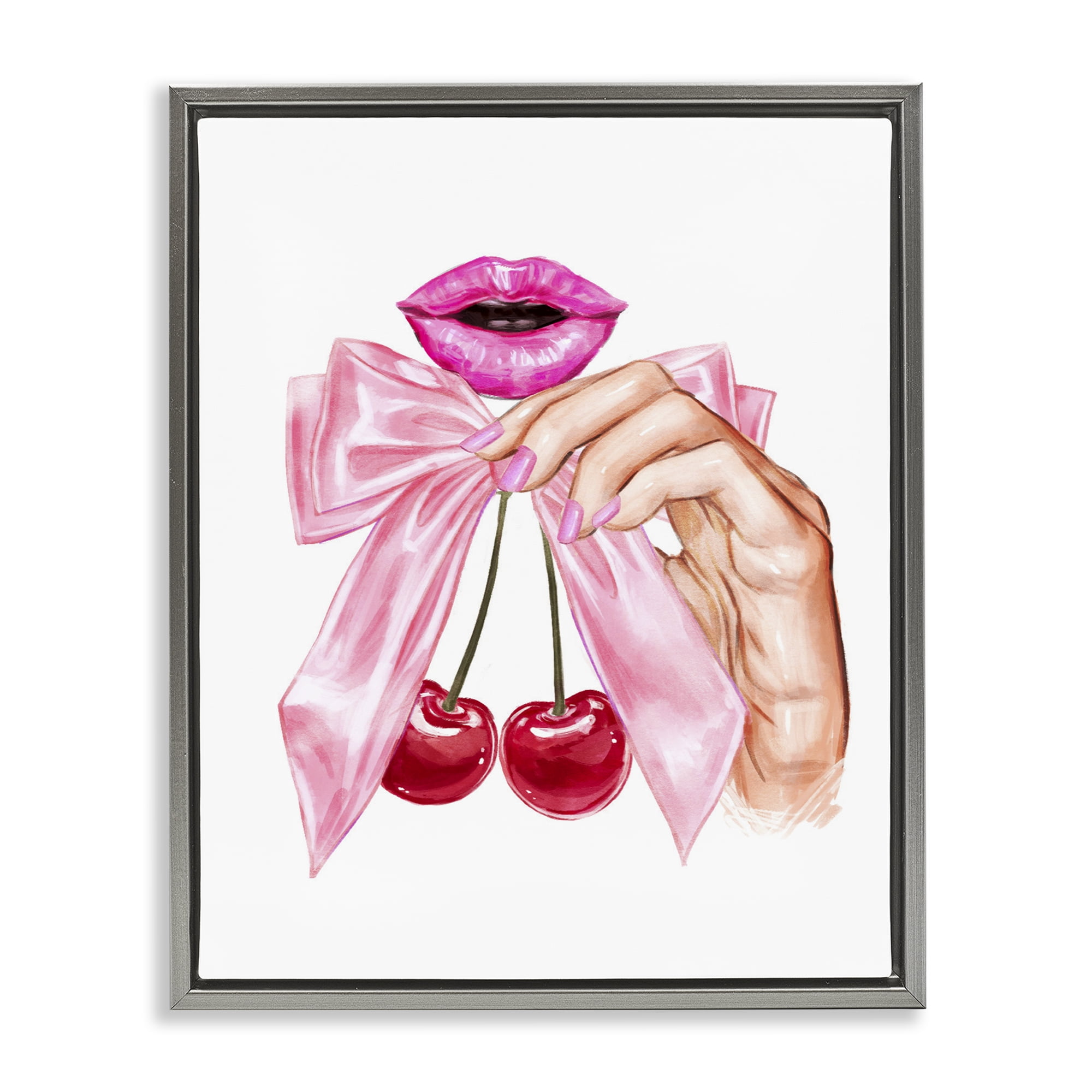 Stupell Industries Lips & Feminine Cherries Gray Framed Floater Canvas Wall Art, design by Ziwei Li