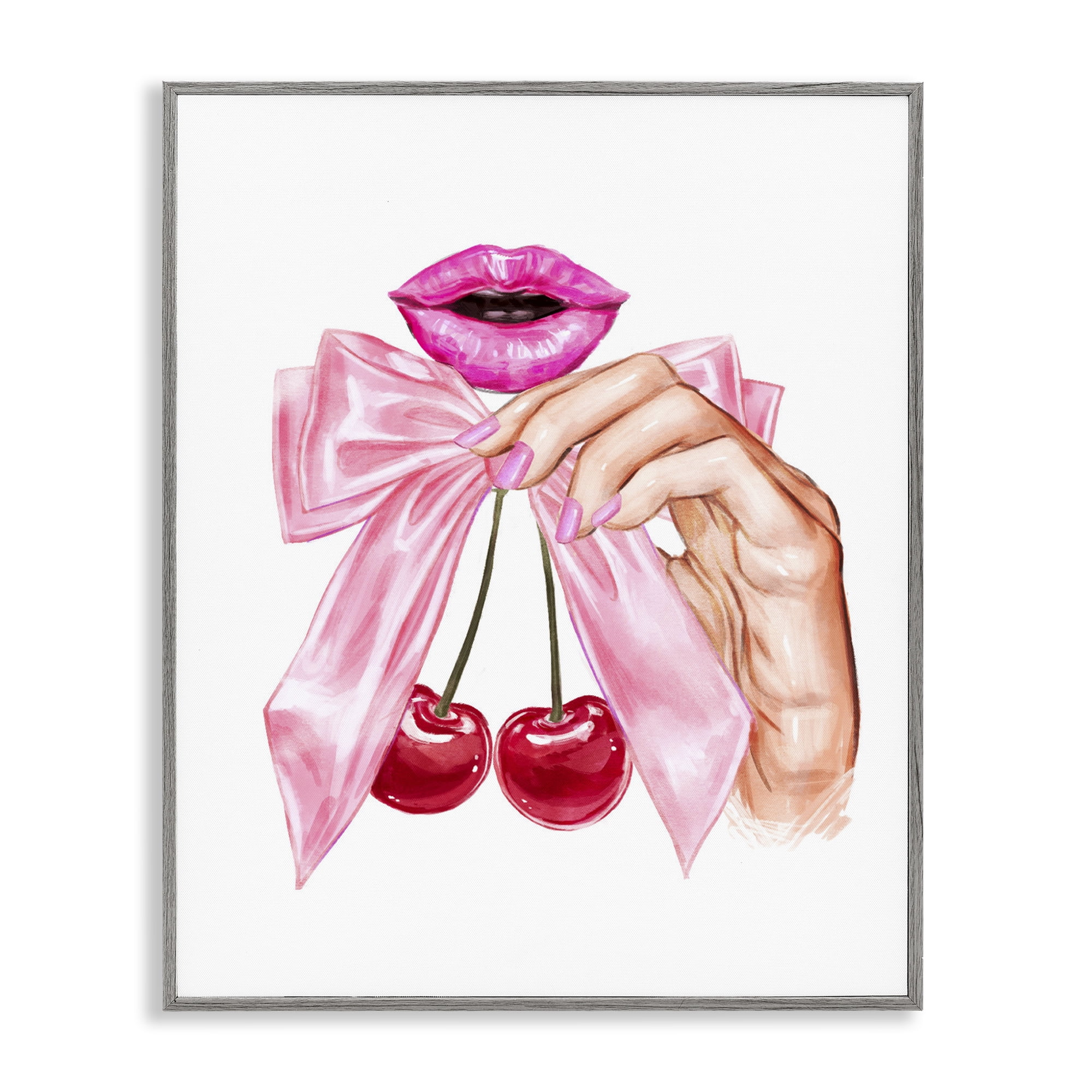 Stupell Industries Lips & Feminine Cherries Gray Framed Giclee Art, design by Ziwei Li