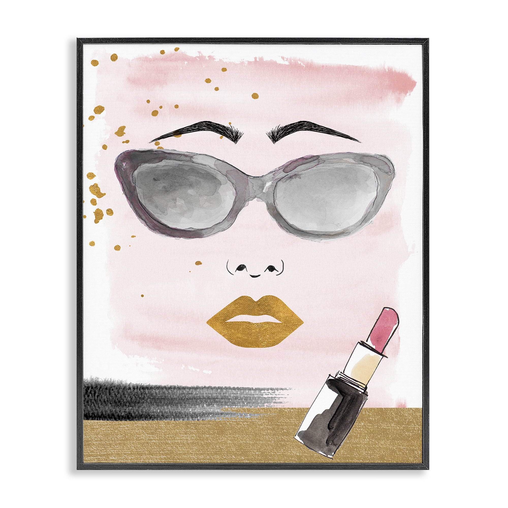 Stupell Industries Lipstick & Glam Face Novelty Painting Black Framed Art Print Wall Art, 24 x 30