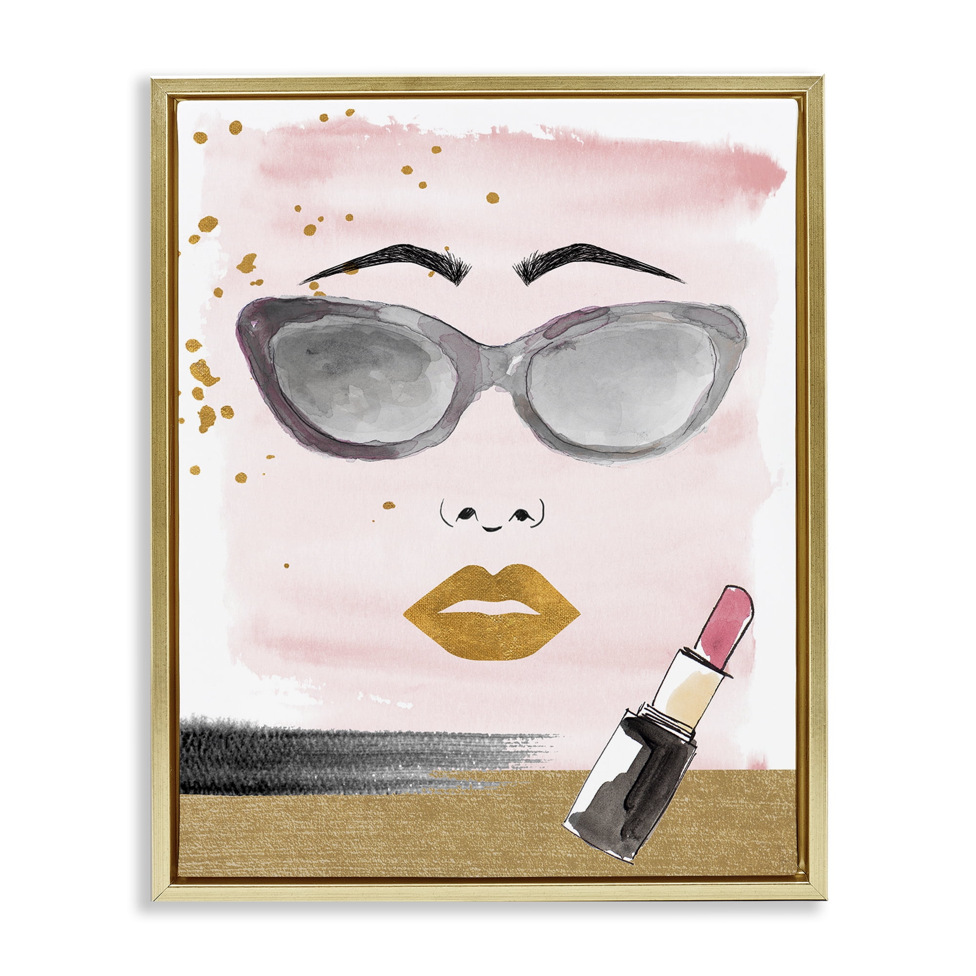 Stupell Industries Lipstick & Glam Face Novelty Painting Gold Floater Framed Art Print Wall Art, 17 x 21
