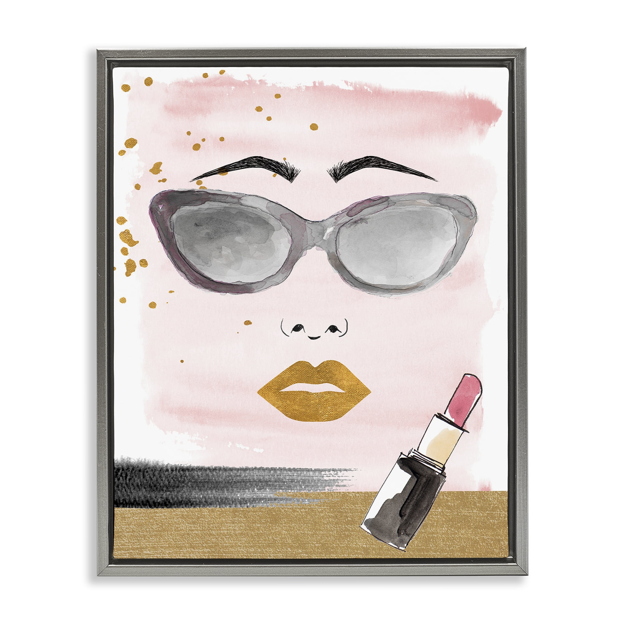 Stupell Industries Lipstick & Glam Face Novelty Painting Gray Floater Framed Art Print Wall Art, 17 x 21