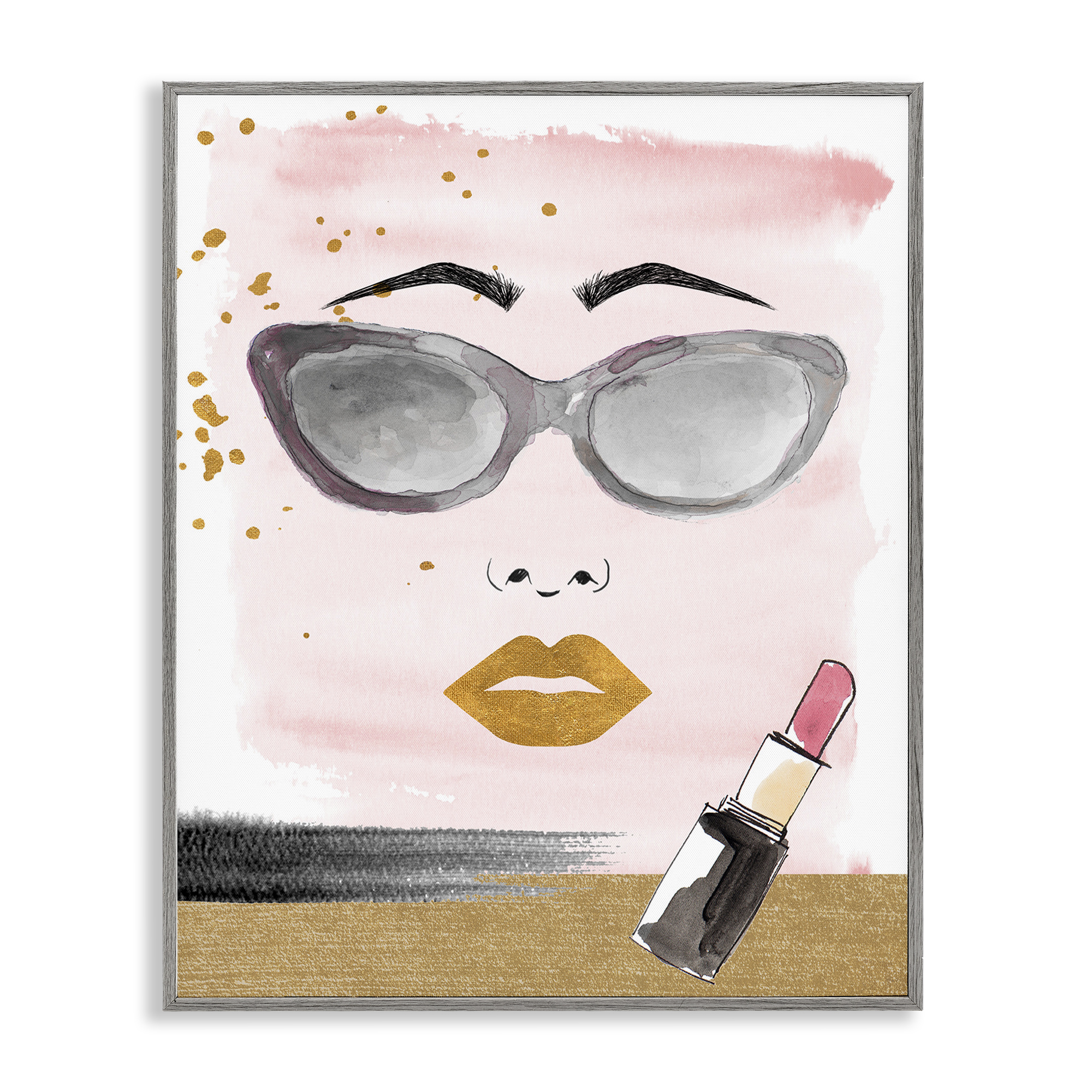 Stupell Industries Lipstick & Glam Face Novelty Painting Gray Framed Art Print Wall Art, 11 x 14