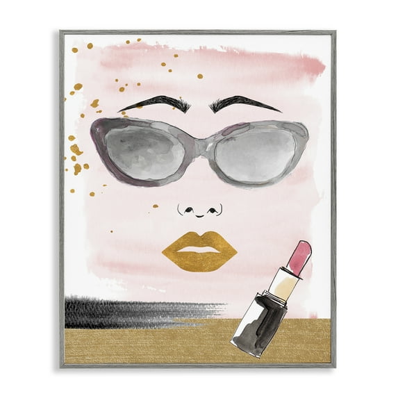 Stupell Industries Lipstick & Glam Face Novelty Painting Gray Framed Art Print Wall Art, 24 x 30