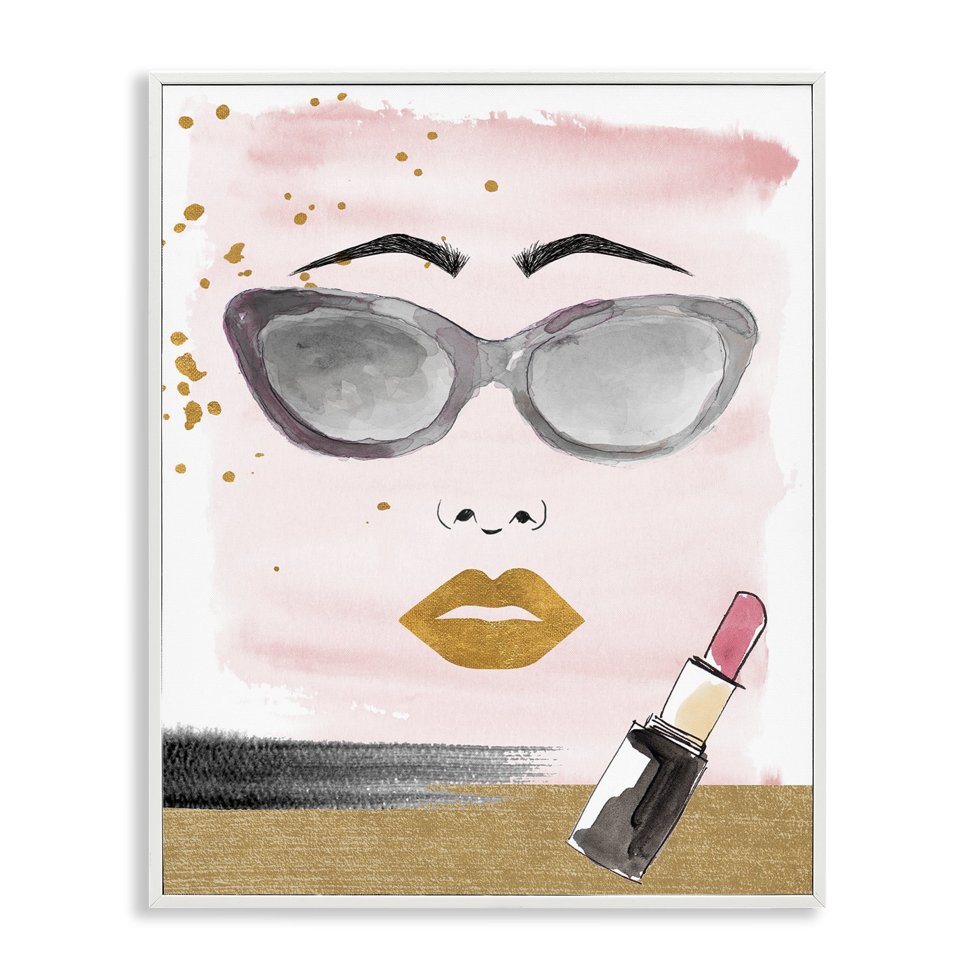 Stupell Industries Lipstick & Glam Face Novelty Painting White Framed Art Print Wall Art, 11 x 14