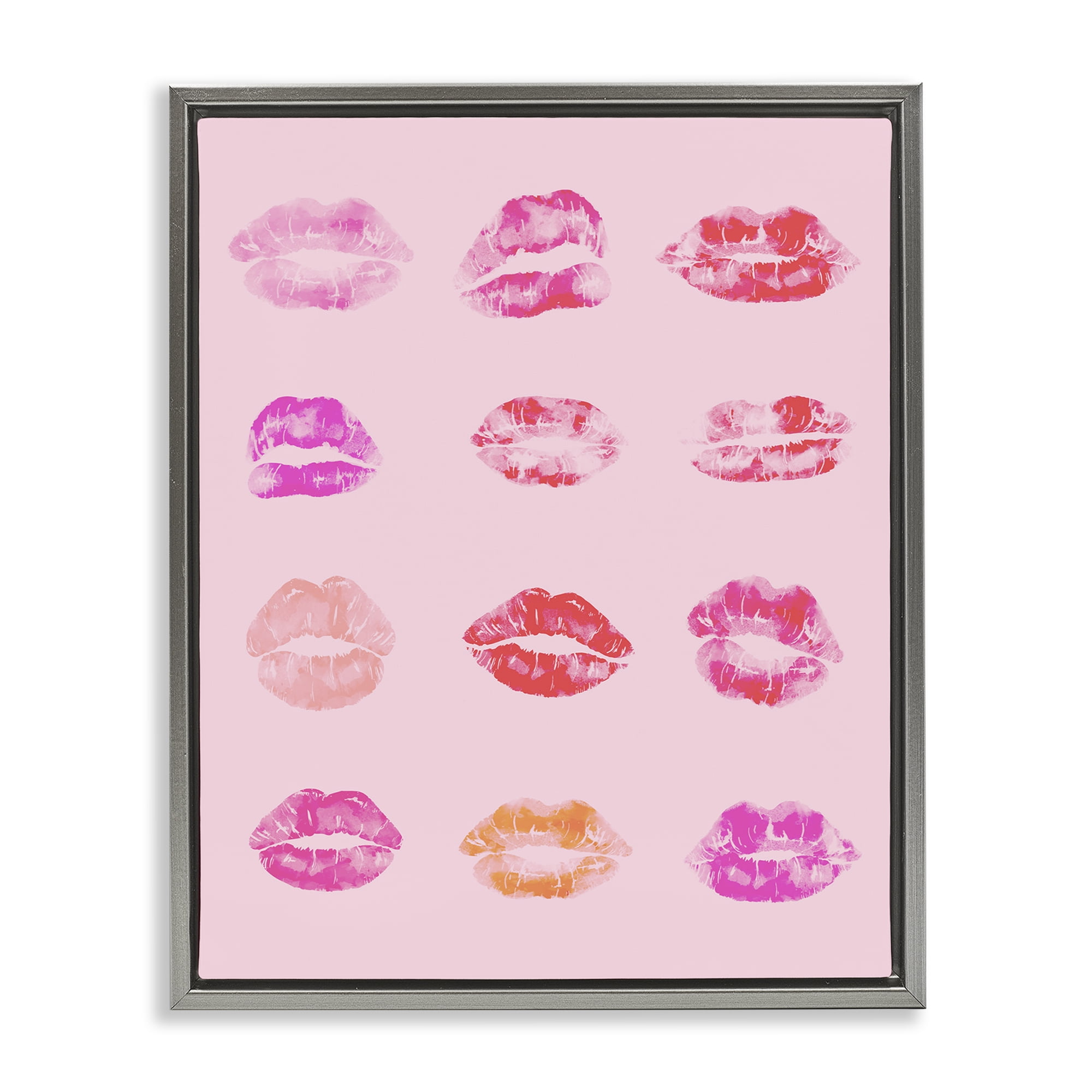 Stupell Industries Lipstick Kiss Pattern Beauty & Fashion Painting Gray Floater Framed Art Print Wall Art, 25 x 31