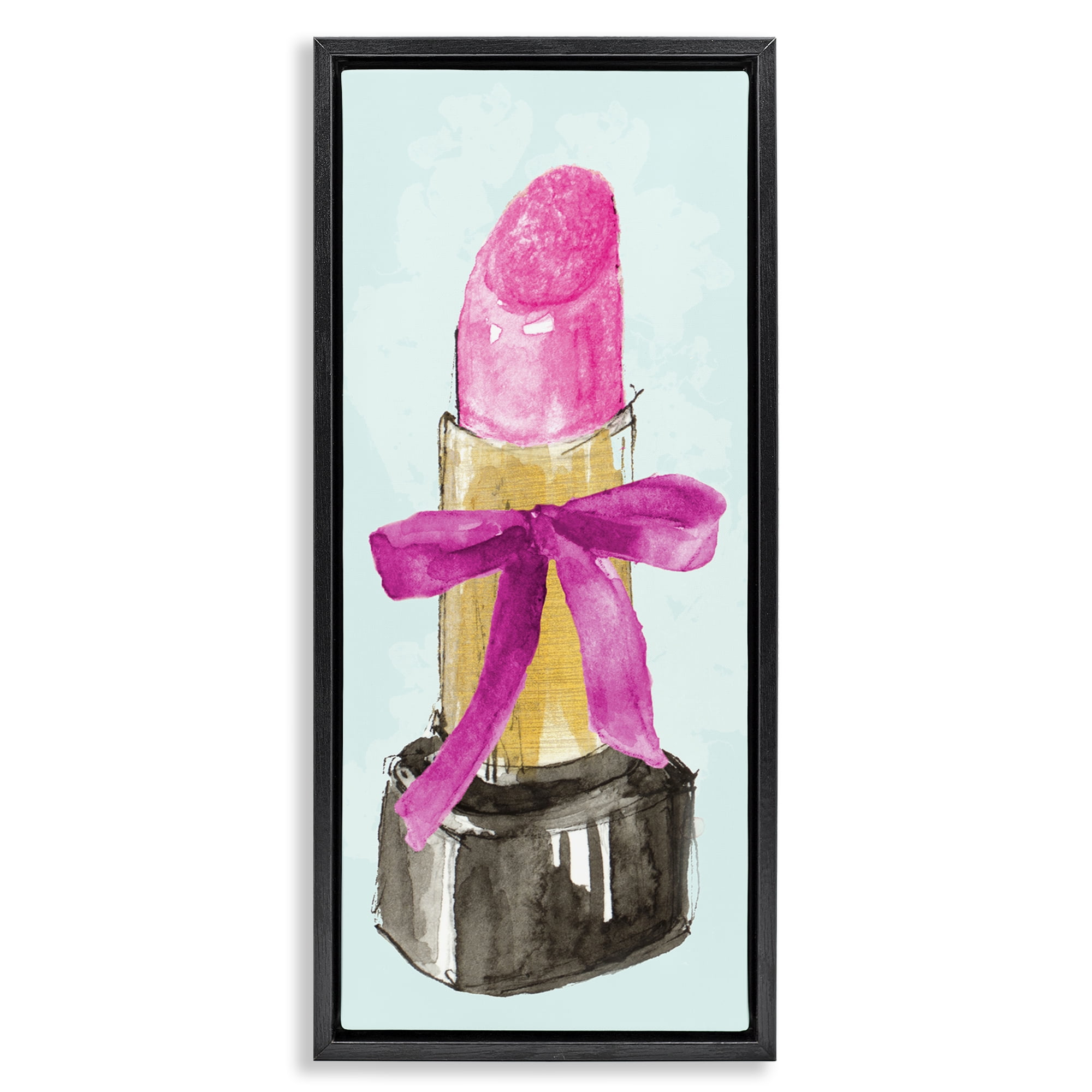 Stupell Industries Lipstick & Pink Bow Fashion Painting Black Floater Framed Canvas Art Print Wall Art, 14 x 31
