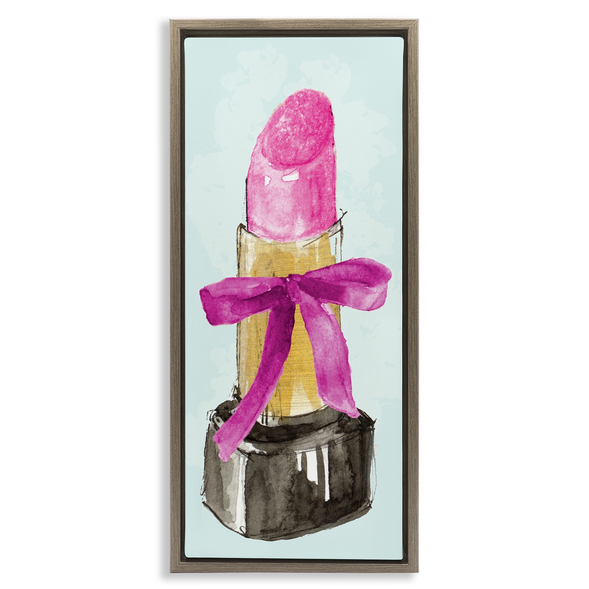 Stupell Industries Lipstick & Pink Bow Fashion Painting Brown Floater Framed Canvas Art Print Wall Art, 11 x 25