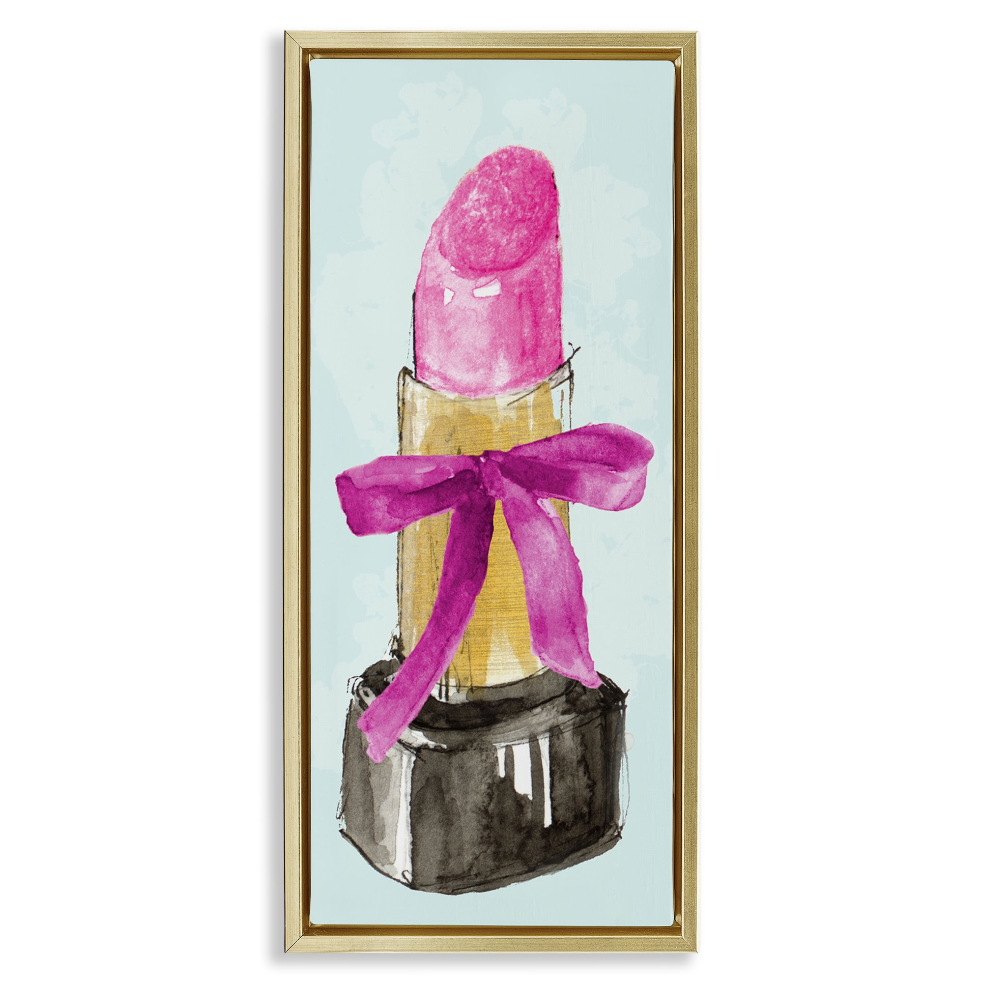 Stupell Industries Lipstick & Pink Bow Fashion Painting Gold Floater Framed Canvas Art Print Wall Art, 14 x 31