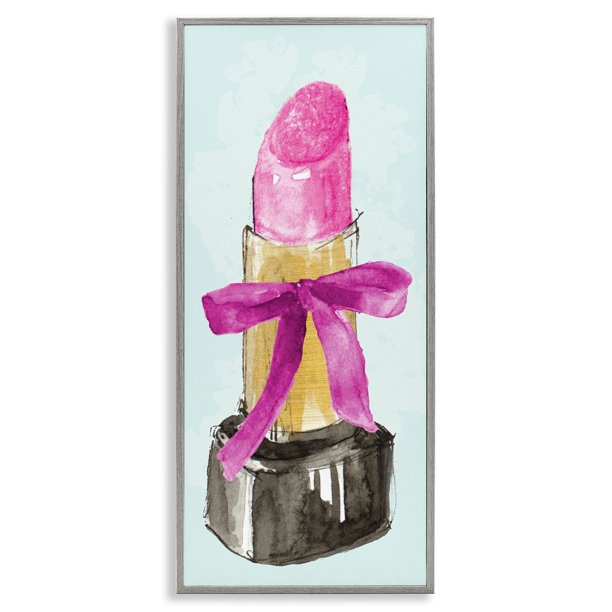 Stupell Industries Lipstick & Pink Bow Fashion Painting Gray Framed Art Print Wall Art, 10 x 24