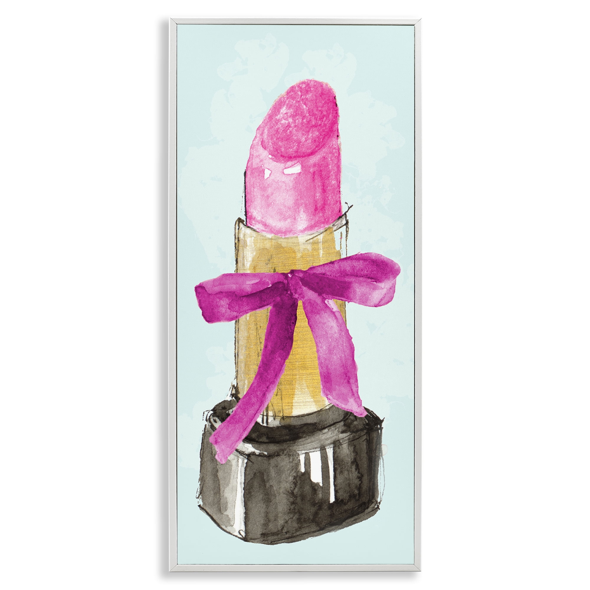 Stupell Industries Lipstick & Pink Bow Fashion Painting White Framed Art Print Wall Art, 13 x 30