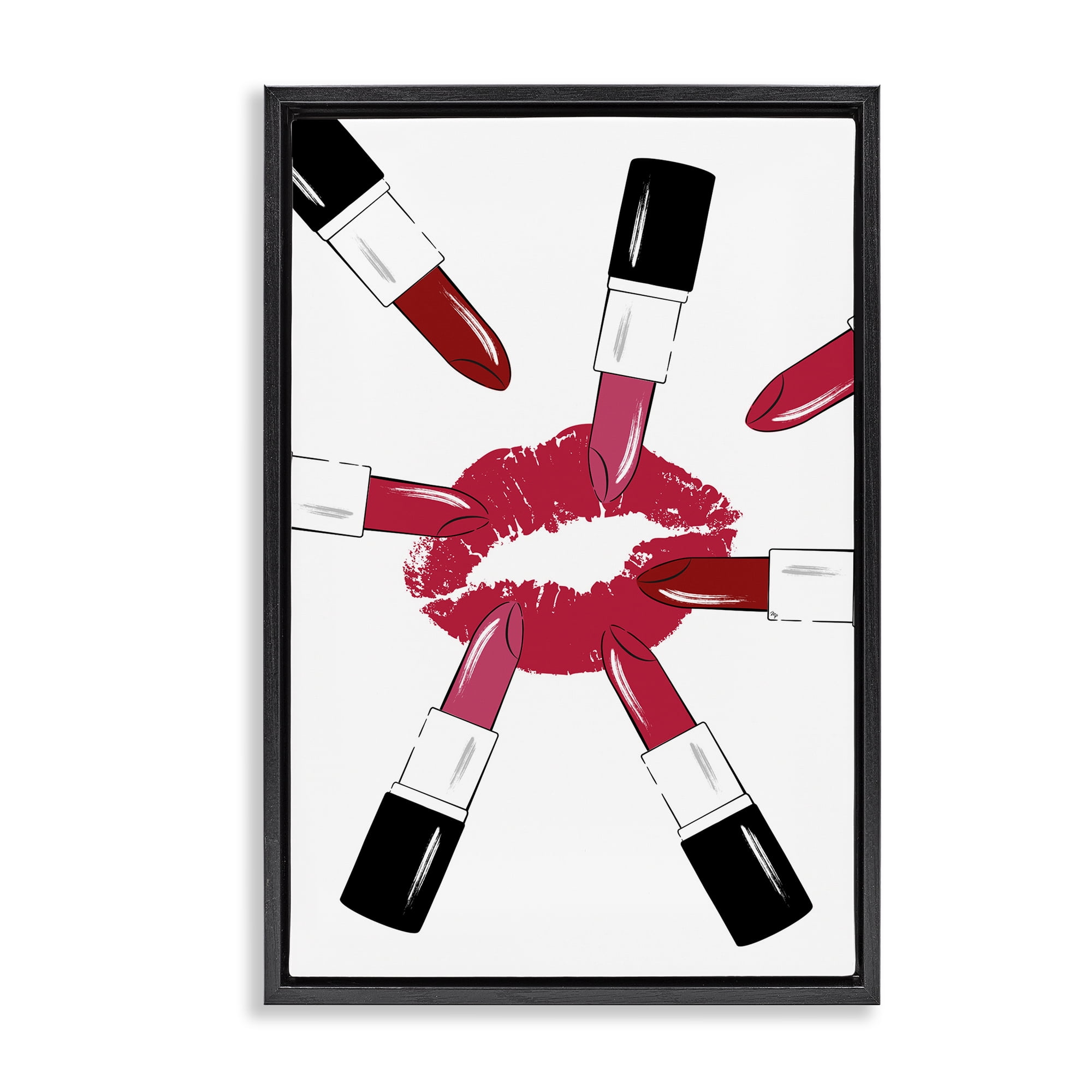 Stupell Industries Lipsticks & Kiss Beauty & Fashion Painting Black Floater Framed Art Print Wall Art, 21 x 31