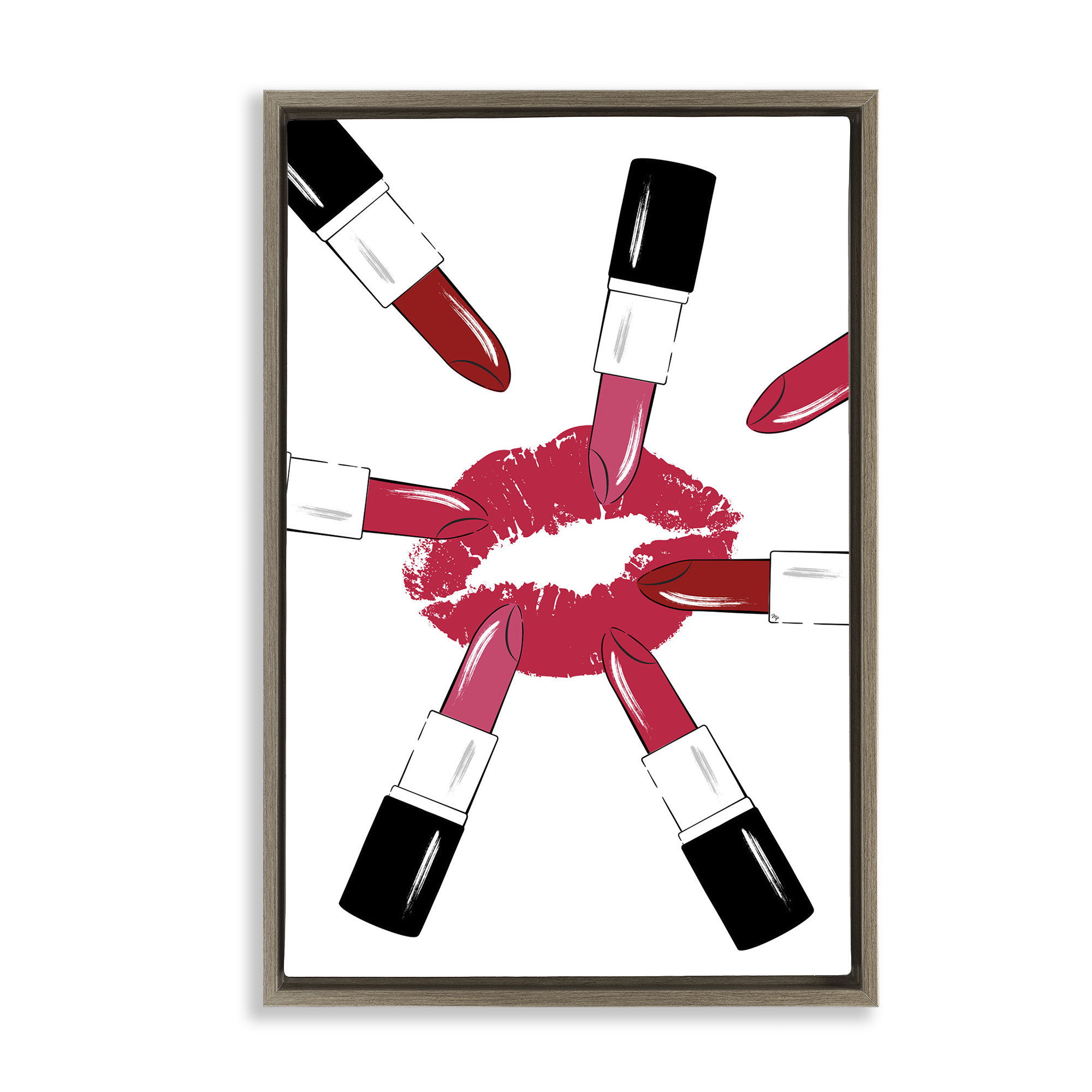 Stupell Industries Lipsticks & Kiss Beauty & Fashion Painting Brown Floater Framed Art Print Wall Art, 17 x 25