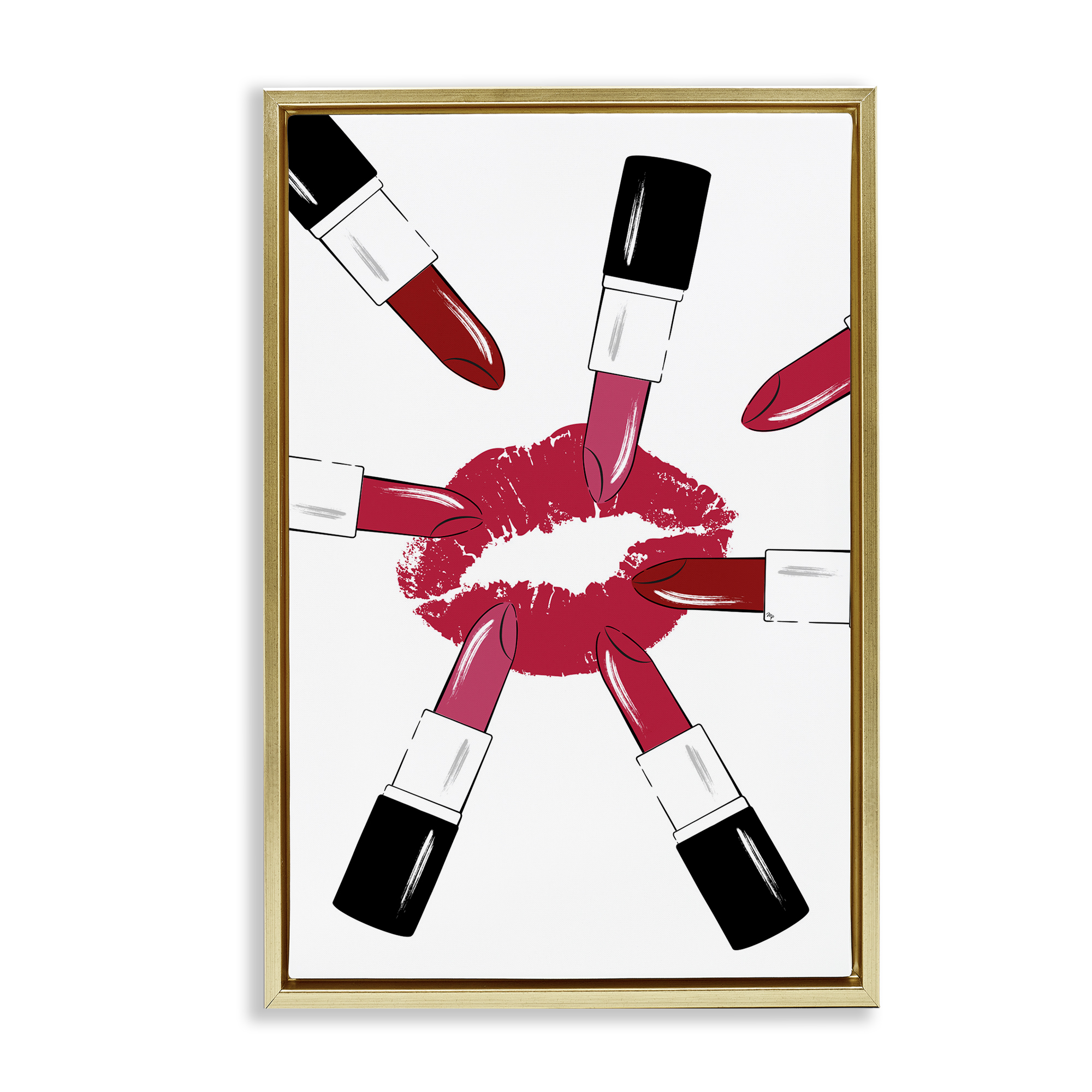Stupell Industries Lipsticks & Kiss Beauty & Fashion Painting Gold Floater Framed Art Print Wall Art, 17 x 25