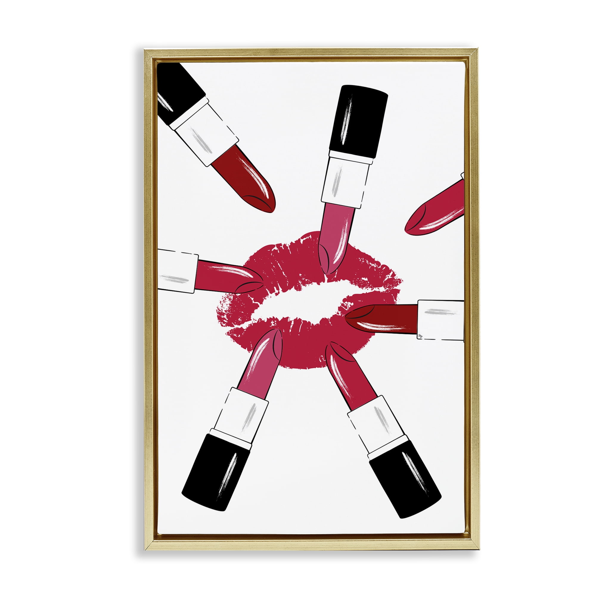 Stupell Industries Lipsticks & Kiss Beauty & Fashion Painting Gold Floater Framed Art Print Wall Art, 21 x 31