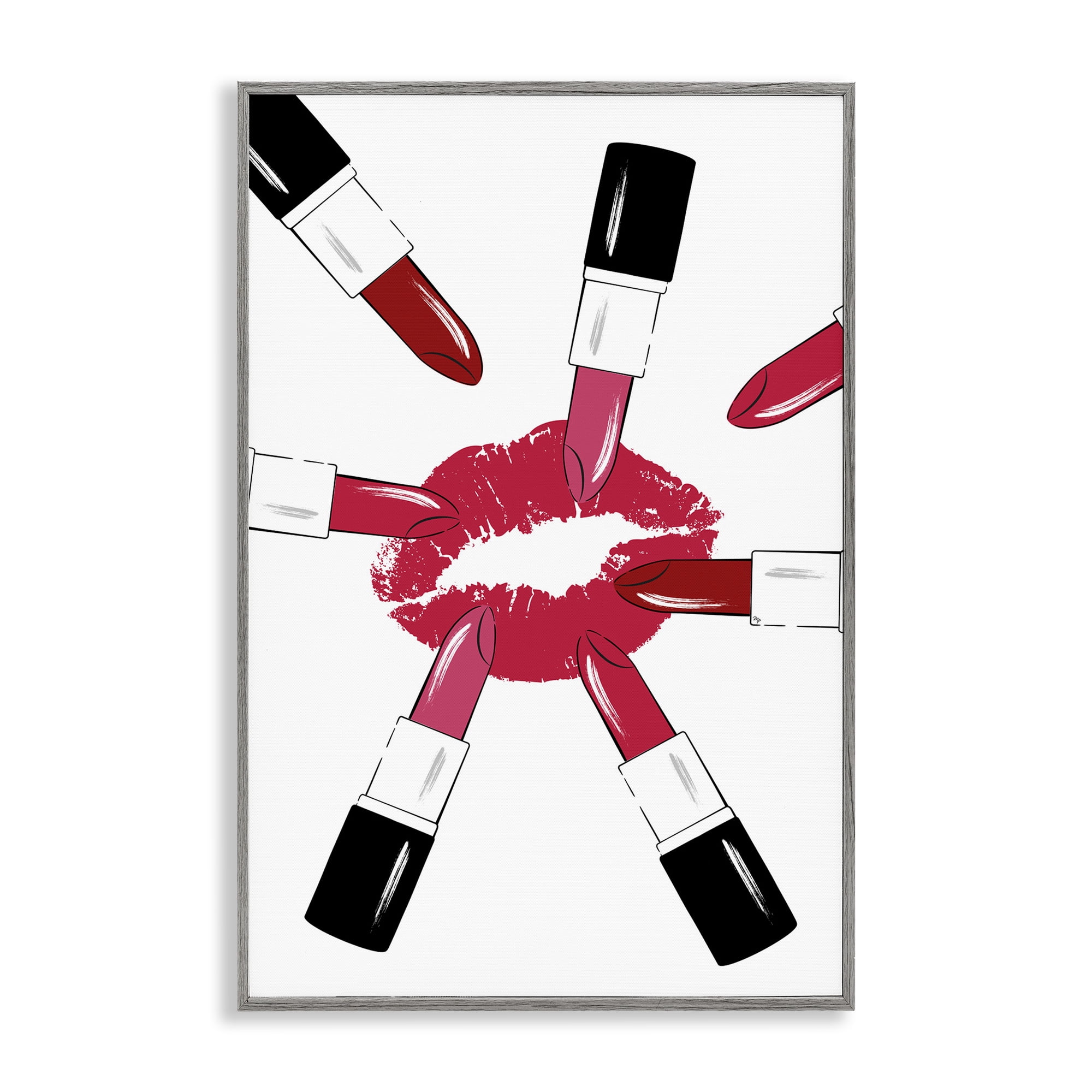 Stupell Industries Lipsticks & Kiss Beauty & Fashion Painting Gray Framed Art Print Wall Art, 16 x 24
