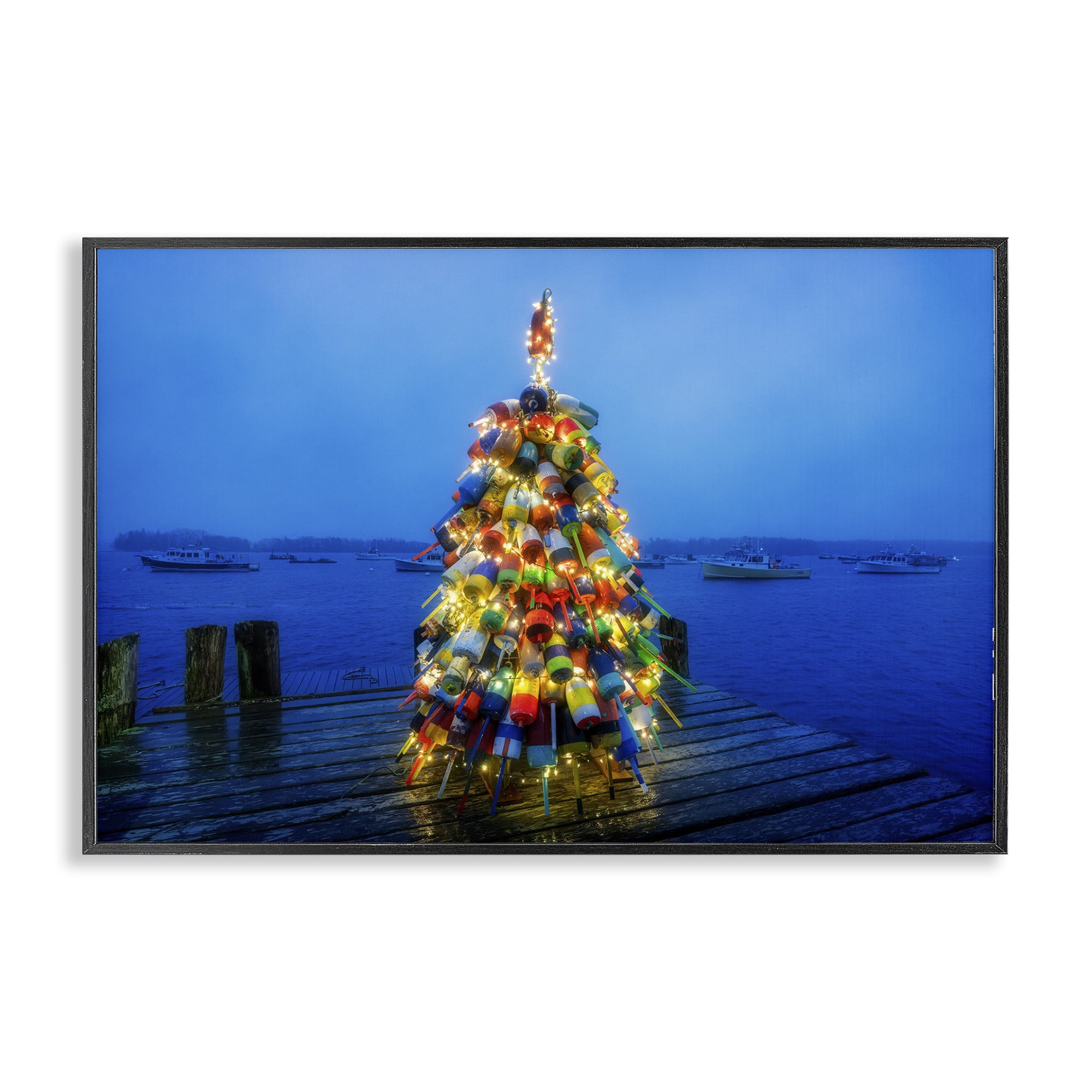 Stupell Industries Lit Bouys Christmas Tree Holiday Painting Black Framed Art Prints Wall Art, 24 x 16