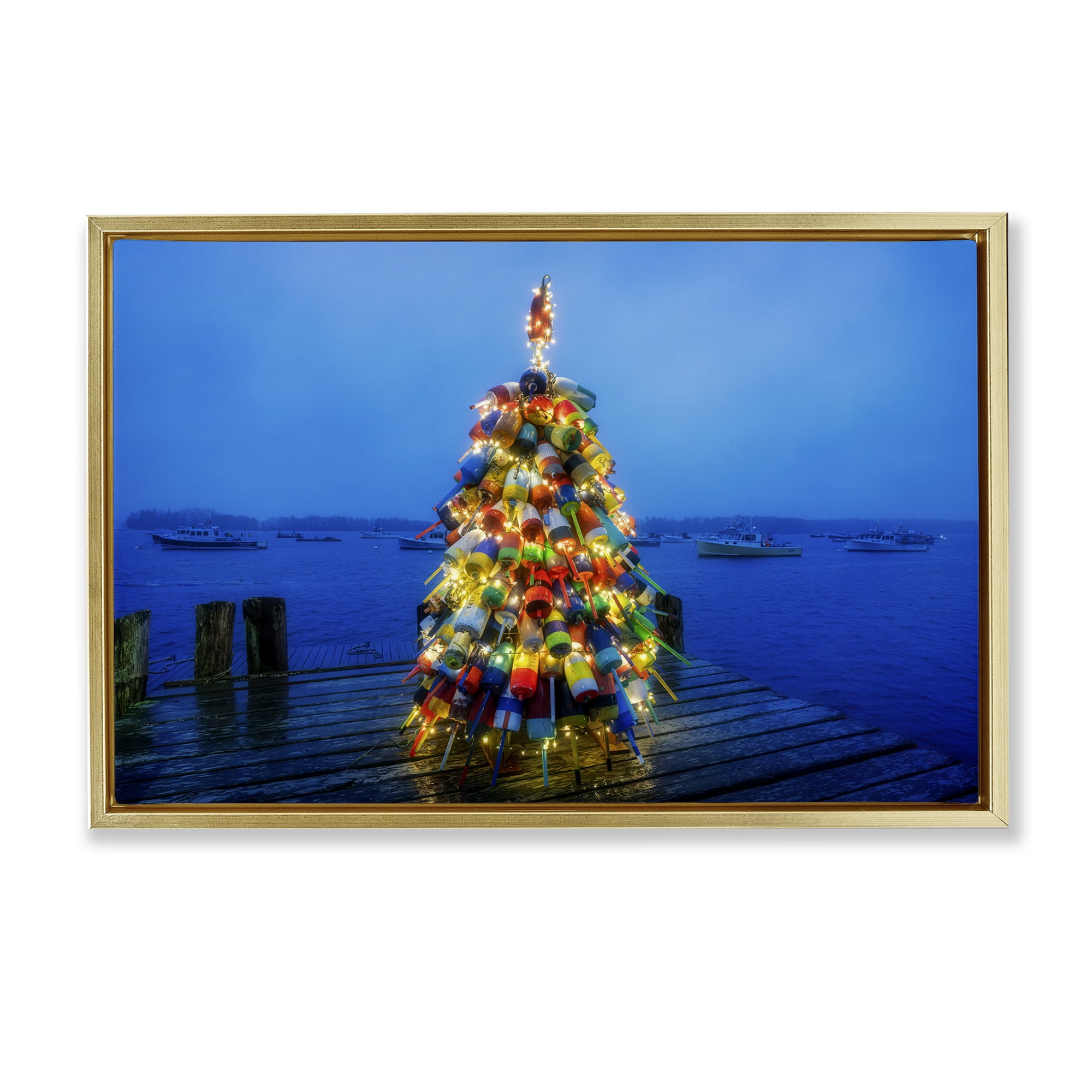 Stupell Industries Lit Bouys Christmas Tree Holiday Painting Gold Floater Framed Canvas Art Prints Wall Art, 31 x 21