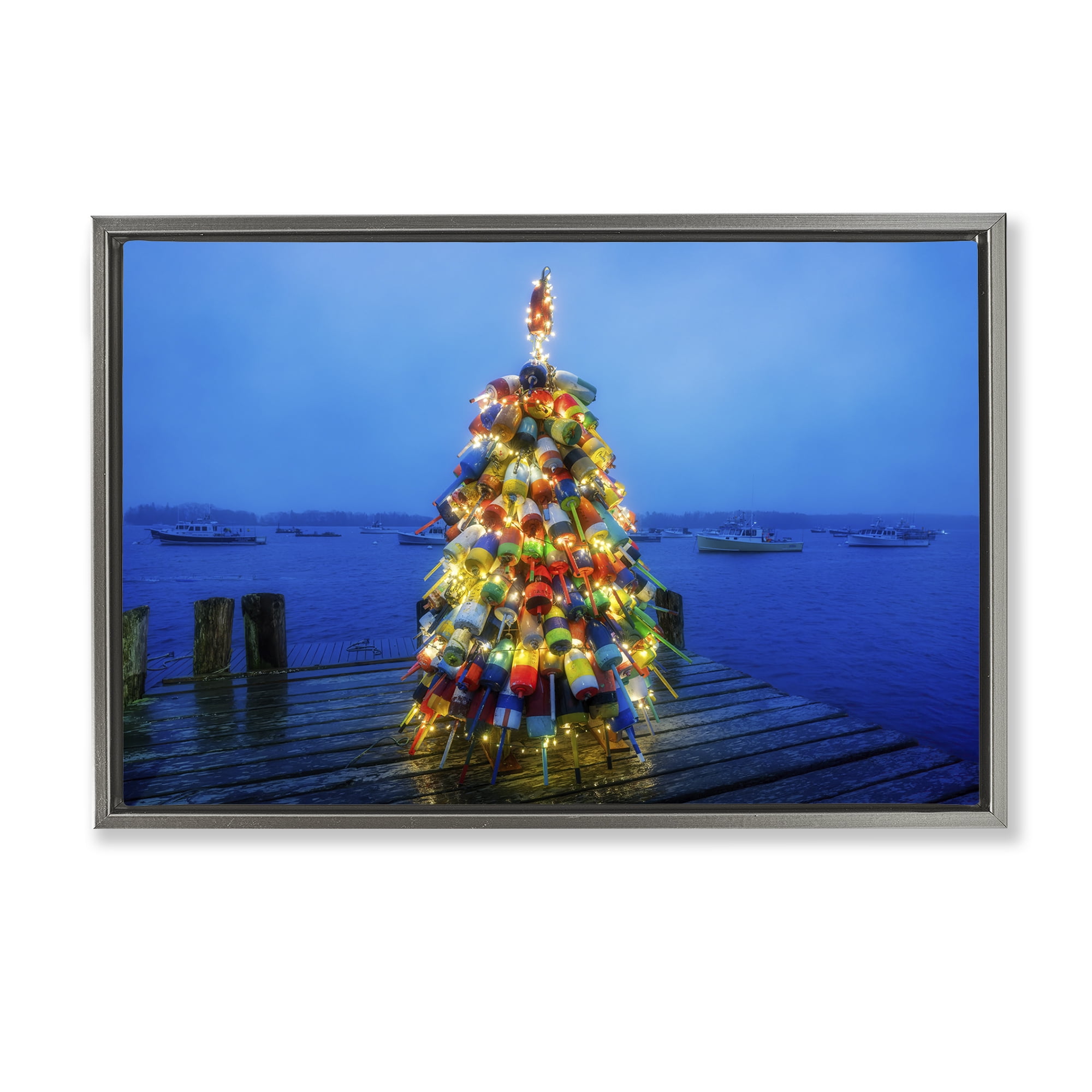 Stupell Industries Lit Bouys Christmas Tree Holiday Painting Gray Floater Framed Canvas Art Prints Wall Art, 31 x 21