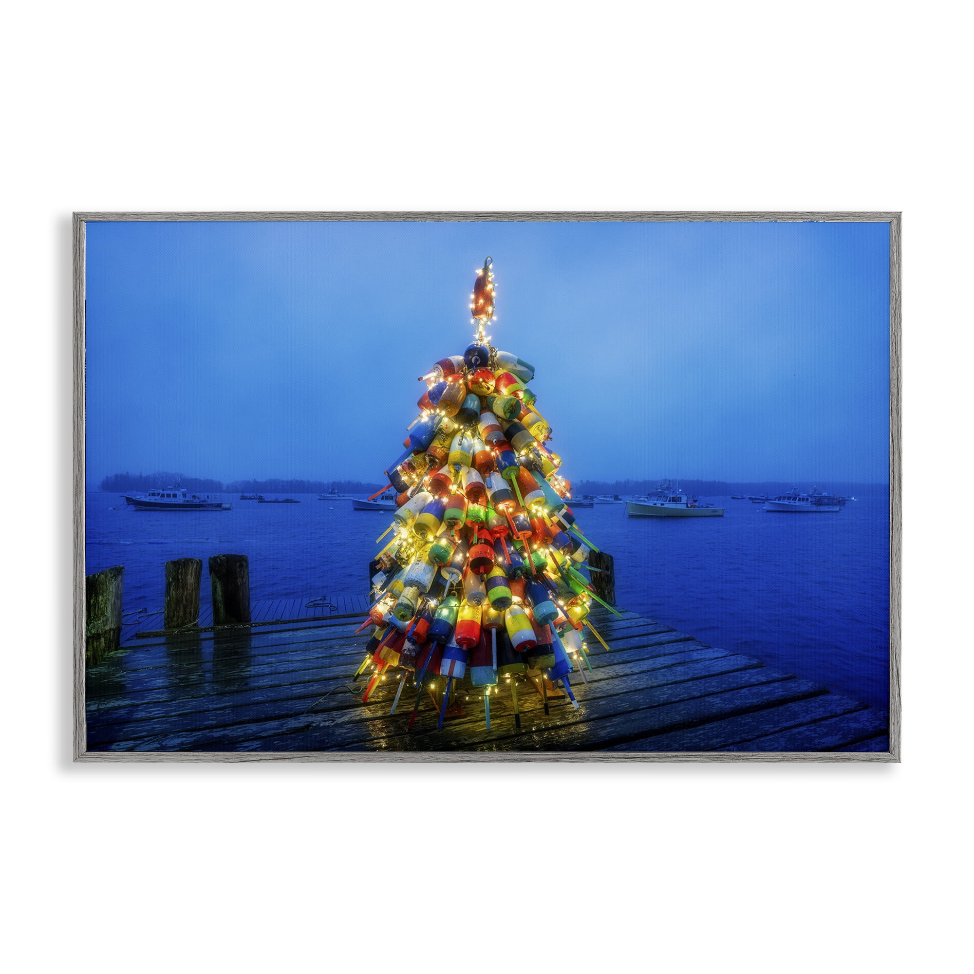 Stupell Industries Lit Bouys Christmas Tree Holiday Painting Gray Framed Art Prints Wall Art, 24 x 16
