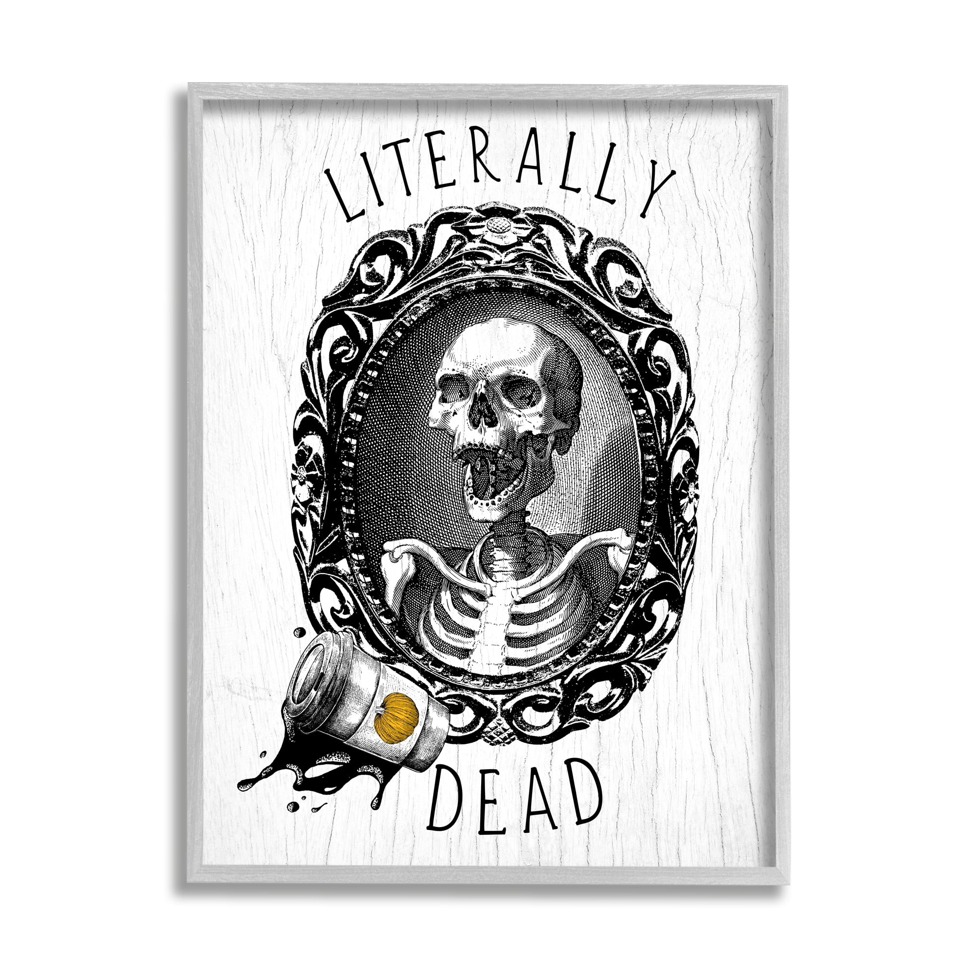 Stupell Industries Literally Dead Skeleton Spilled Coffee Ornate Design Graphic Art Gray Framed Art Print Wall Art, Design by Daphne Polselli