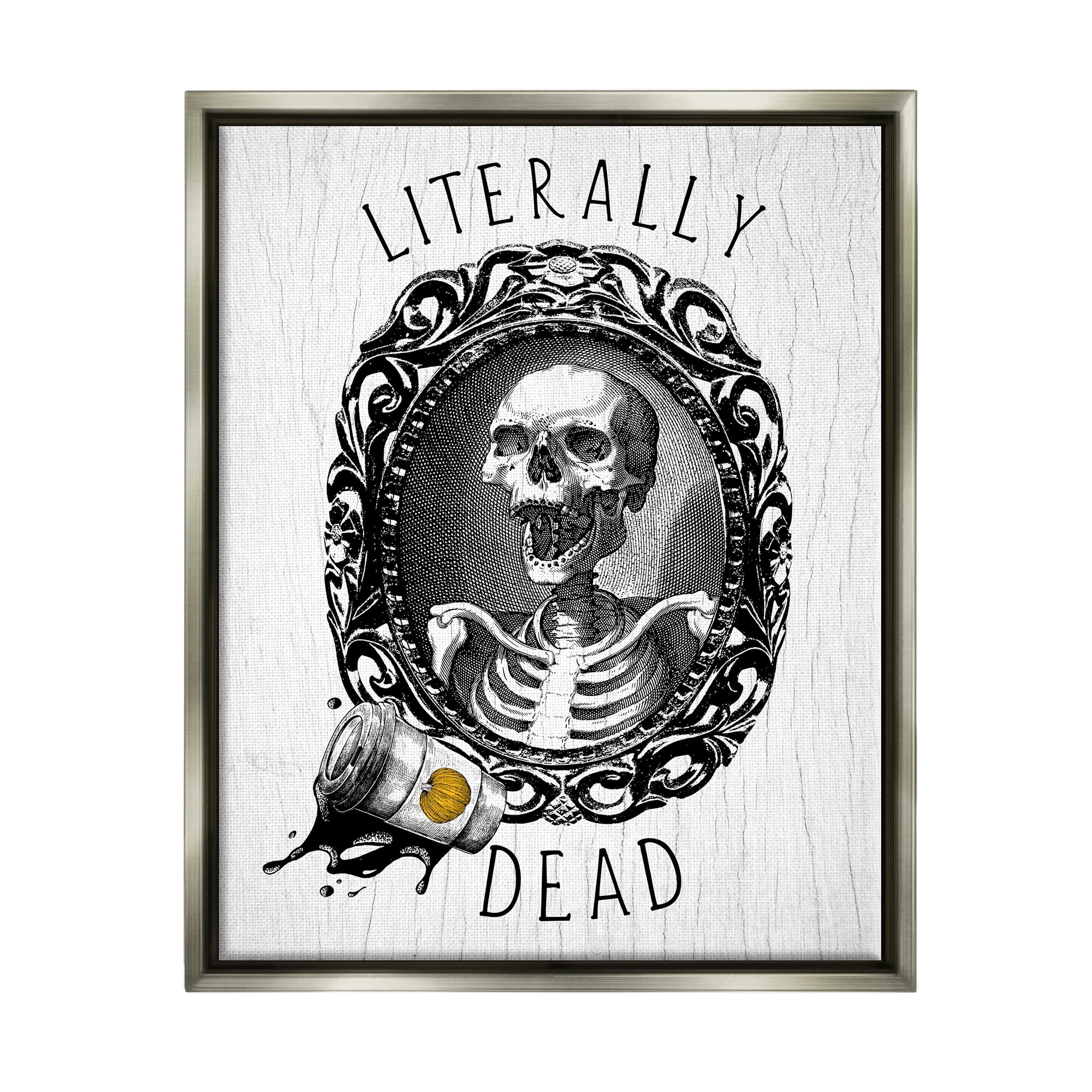 Stupell Industries Literally Dead Skeleton Spilled Coffee Ornate Design Graphic Art Luster Gray Floating Framed Canvas Print Wall Art, Design by Daphne Polselli