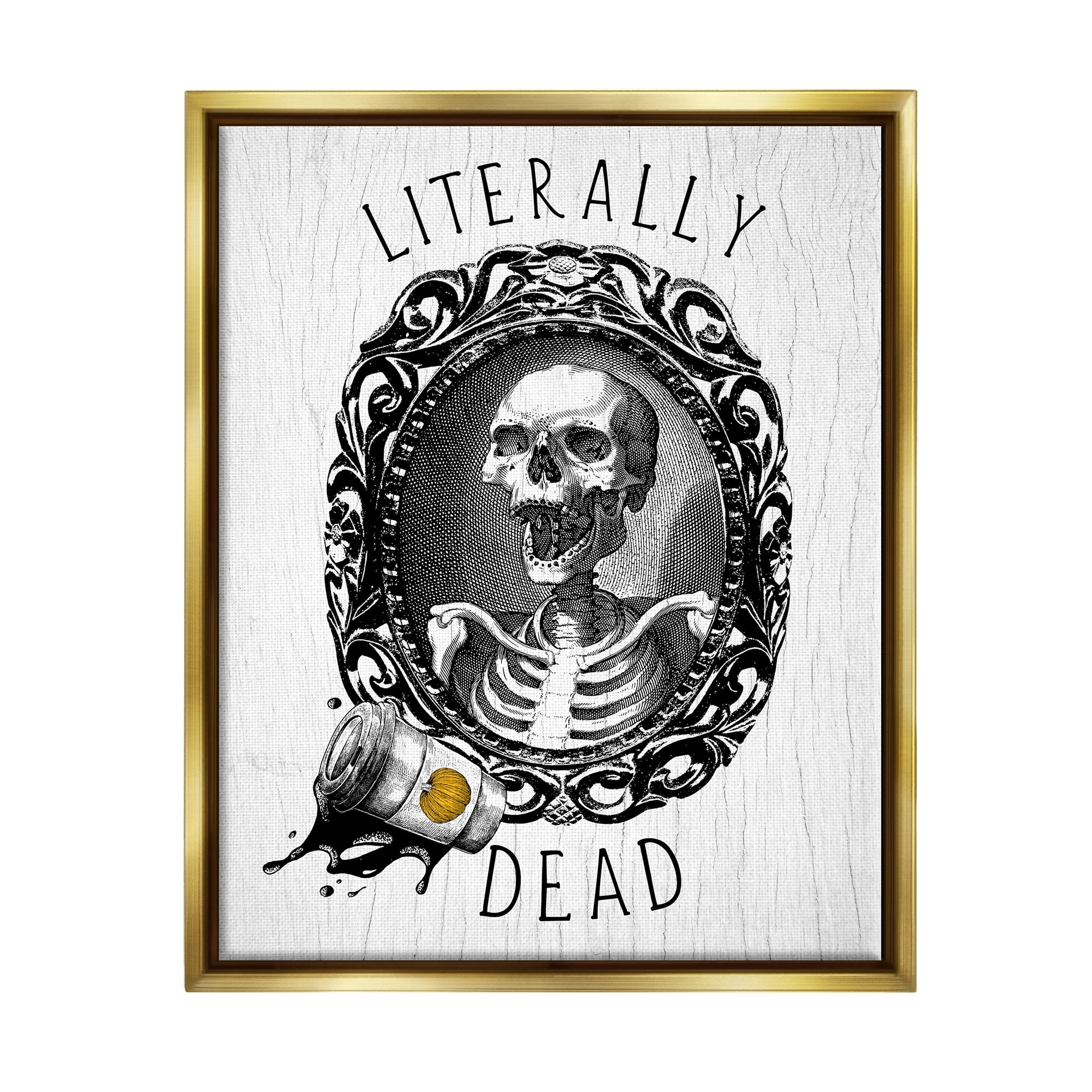 Stupell Industries Literally Dead Skeleton Spilled Coffee Ornate Design Graphic Art Metallic Gold Floating Framed Canvas Print Wall Art, Design by Daphne Polselli