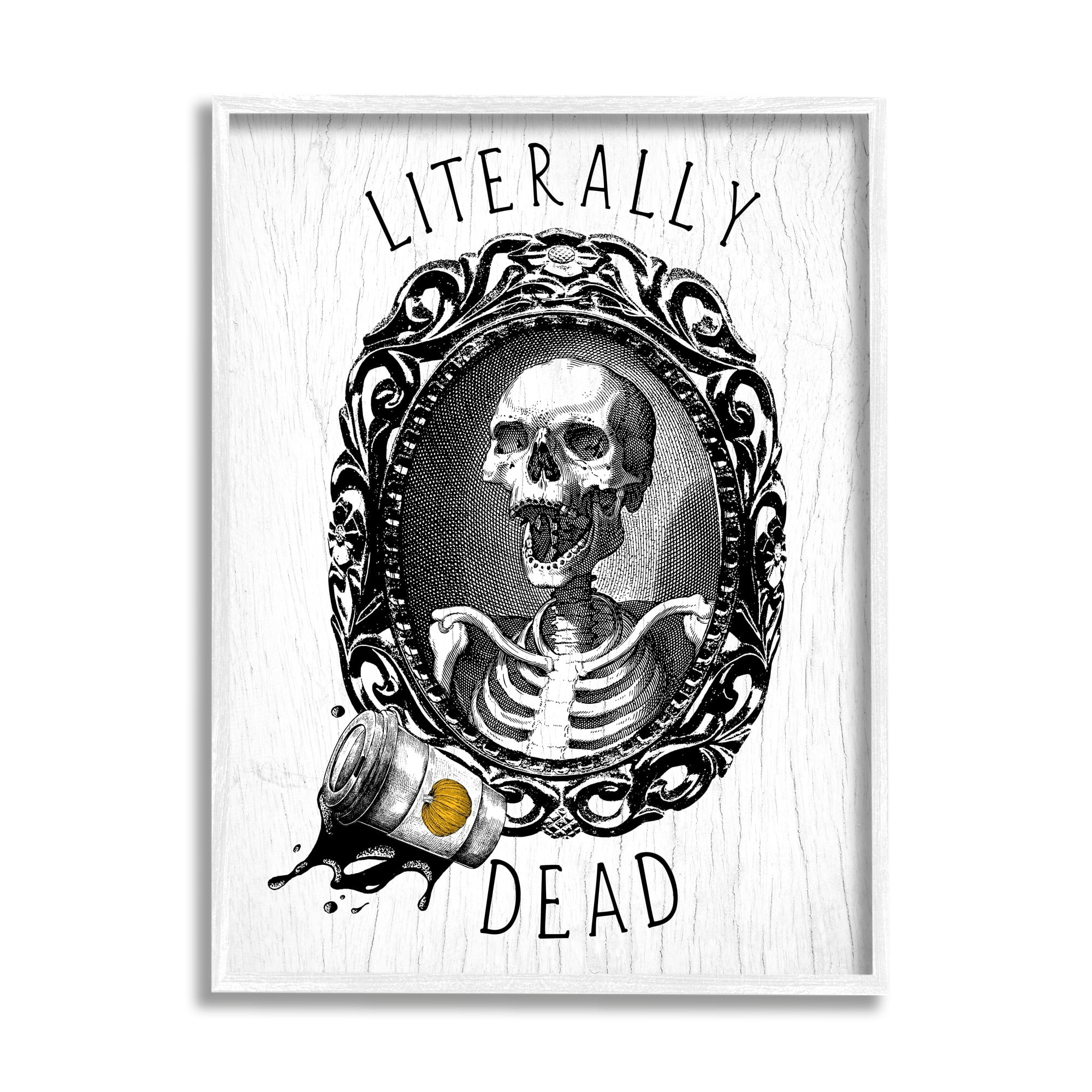 Stupell Industries Literally Dead Skeleton Spilled Coffee Ornate Design Graphic Art White Framed Art Print Wall Art, Design by Daphne Polselli