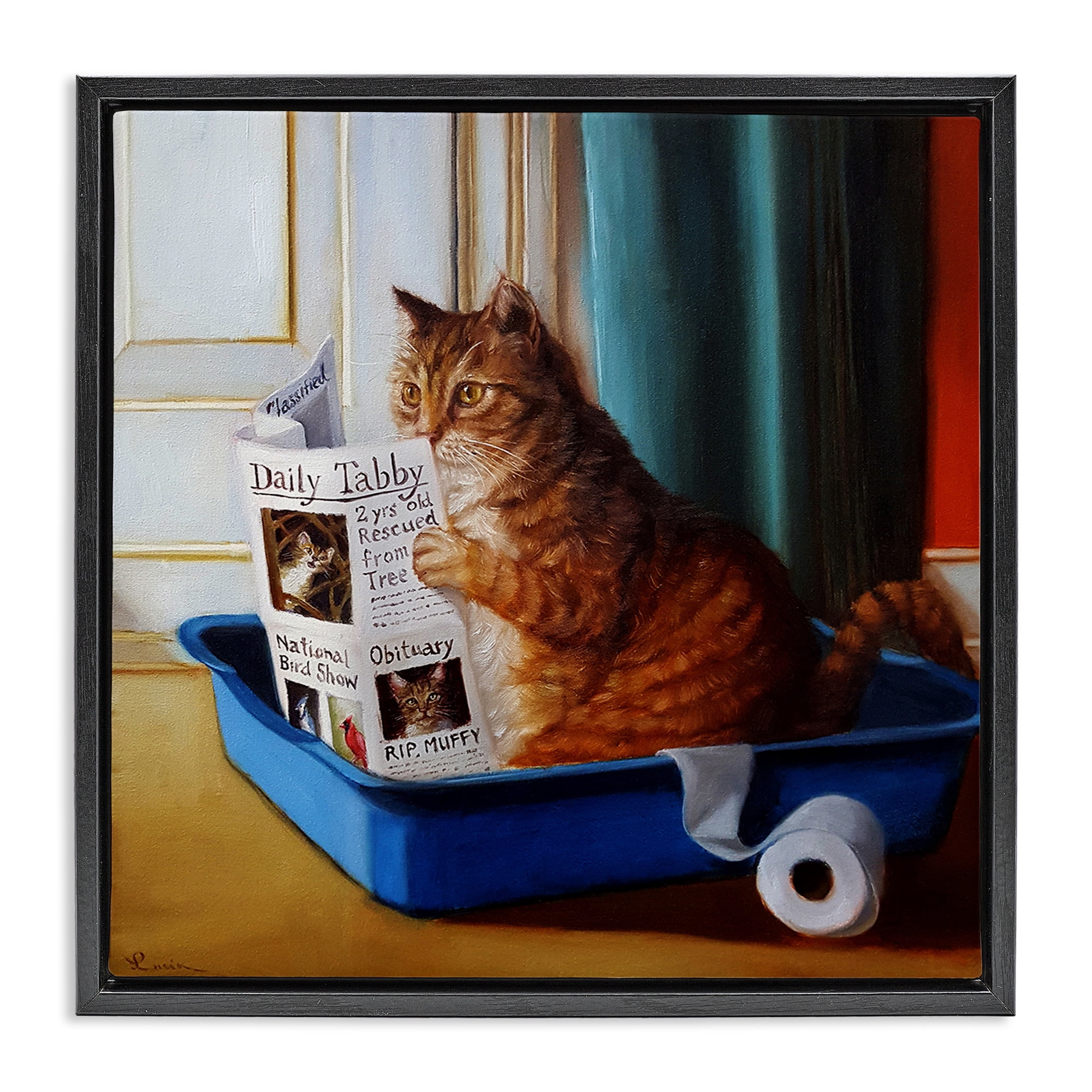 Stupell Industries Litter Box Reading Funny Cat Animals & Insects Painting Black Floater Framed Canvas Art Print Wall Art, 25 x 25