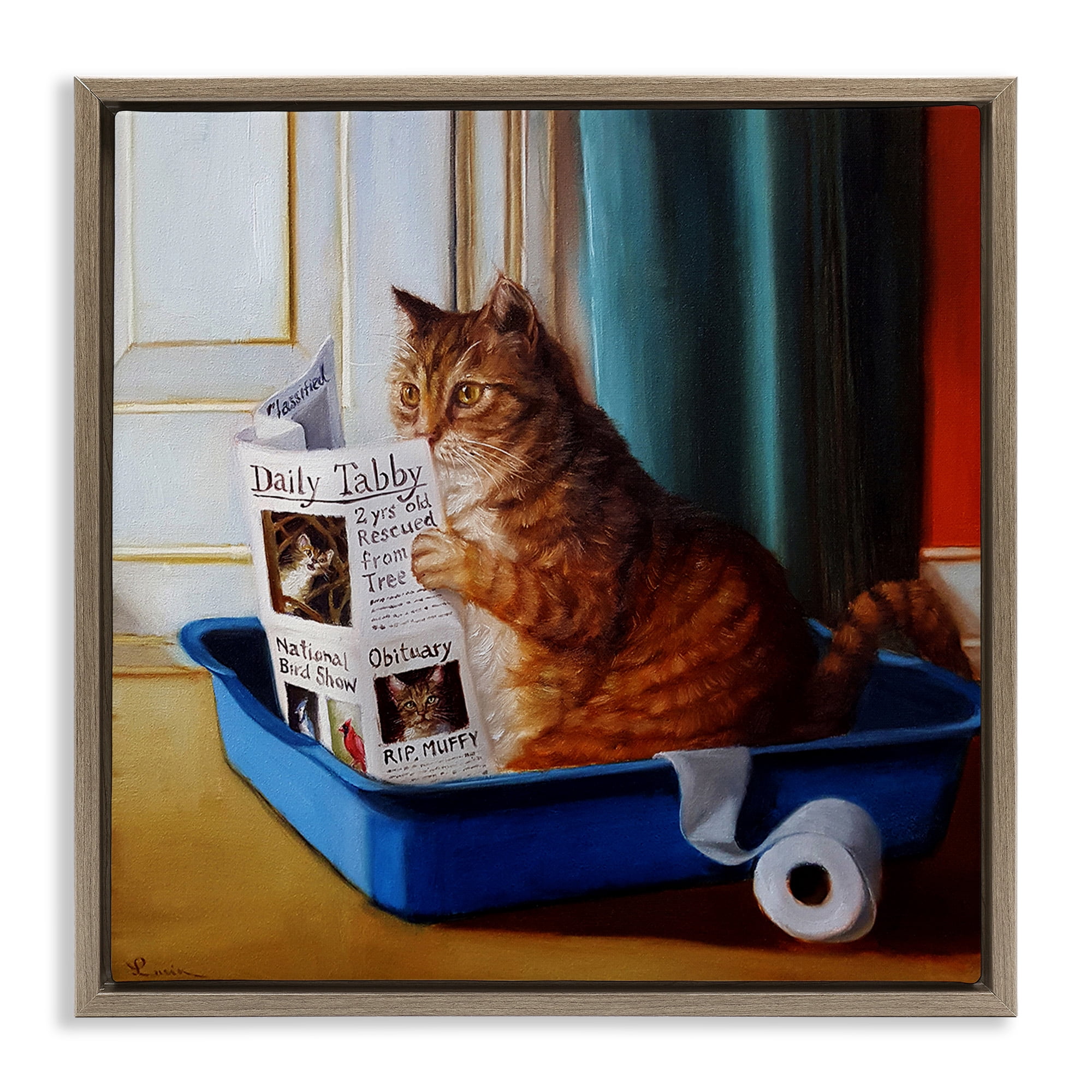 Stupell Industries Litter Box Reading Funny Cat Animals & Insects Painting Brown Floater Framed Canvas Art Print Wall Art, 18 x 18