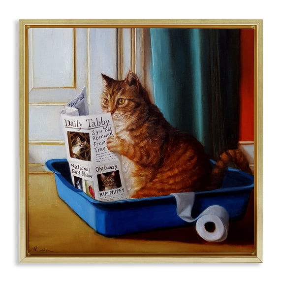 Stupell Industries Litter Box Reading Funny Cat Animals & Insects Painting Gold Floater Framed Canvas Art Print Wall Art, 18 x 18
